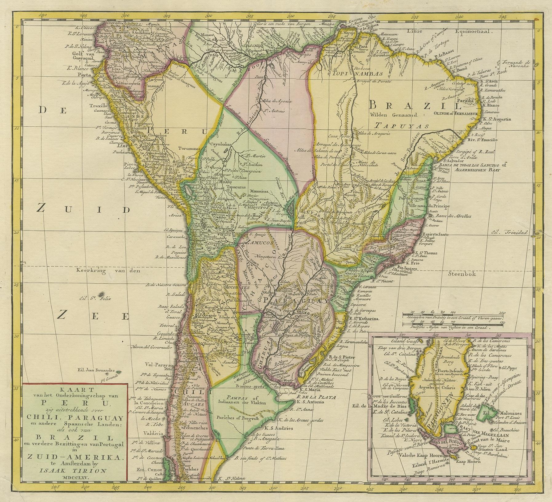 Antique map titled 'Kaart van het Onderkoningschap van Peru, zig uitstrekkende over Chili, Paraguay en andere Spaansche Landen: als ook van Brazil en verdere Bezittingen van Portugal in Zuid-Amerika'. Attractive and quite detailed map of most of