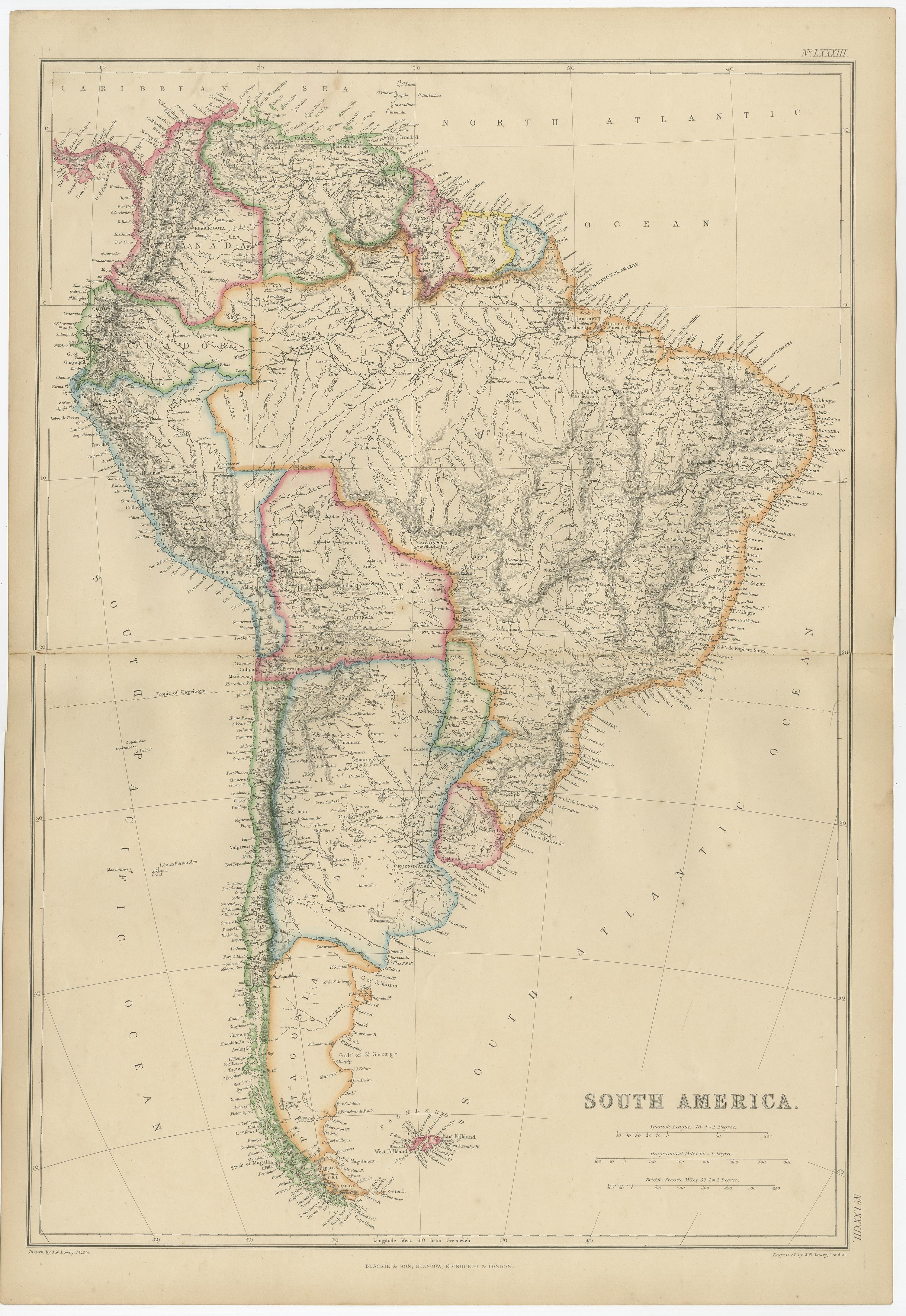 Antique Map of South America by W. G. Blackie, 1859 In Good Condition For Sale In Langweer, NL
