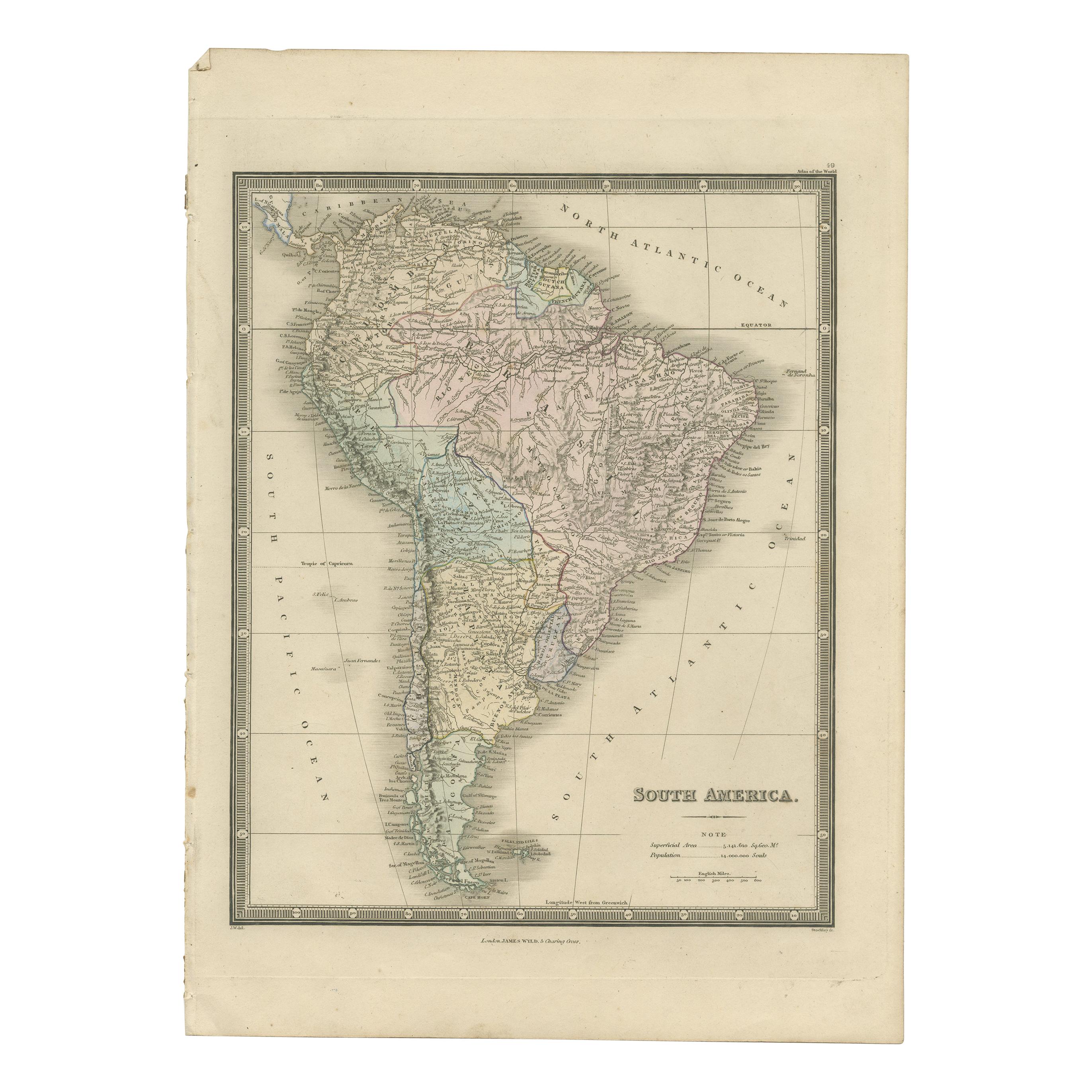 Antique Map of South America by Wyld, '1845' For Sale