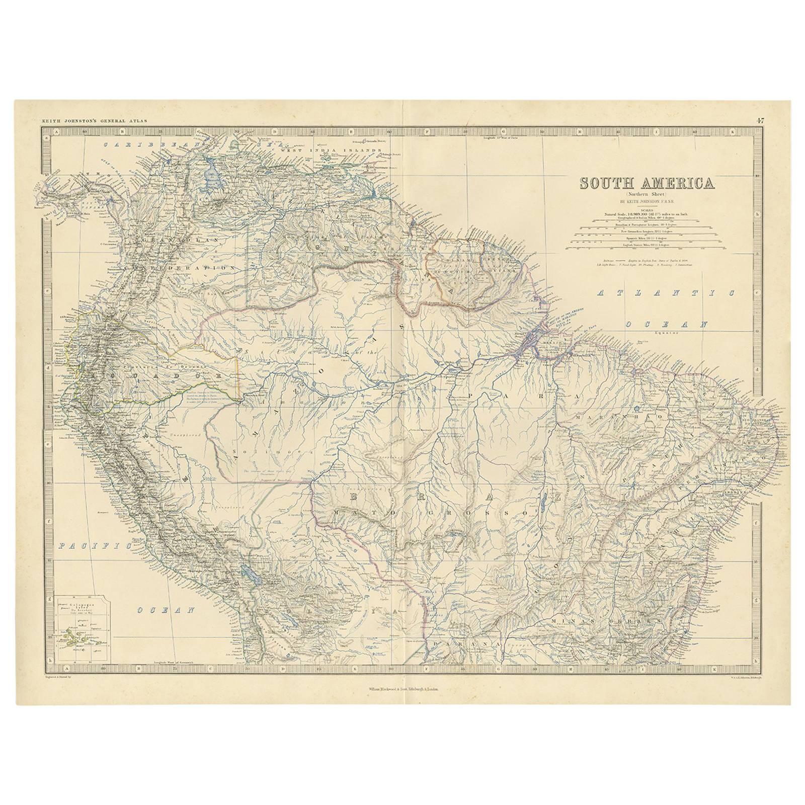 Carte ancienne d'Amérique du Sud "North" par A.K. Johnston, 1865