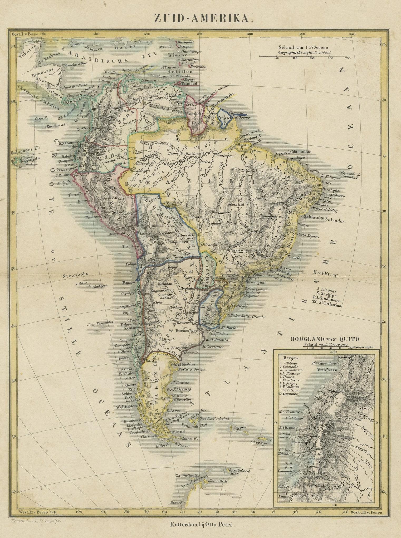 Antique map titled 'Zuid-Amerika'. Original antique map of South America including Brazil, Peru, Colombia, Ecuador, Venezuela, Guyana, Bolivia, Paraguay, Uruguay, Chile, Argentina. Inset map of the mountains of Quito. Published by Otto Petri, circa