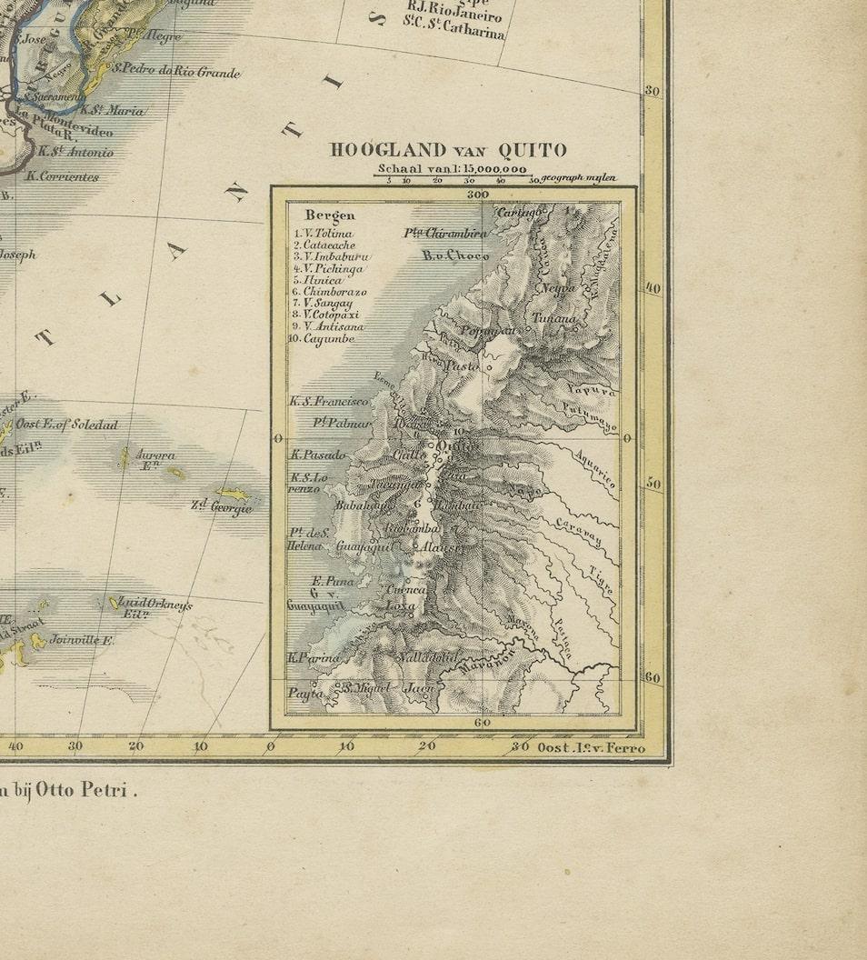 Antike Karte Südamerikas mit Intarsien aus den Quito-Hochlanden, handkoloriert im Zustand „Relativ gut“ im Angebot in Langweer, NL