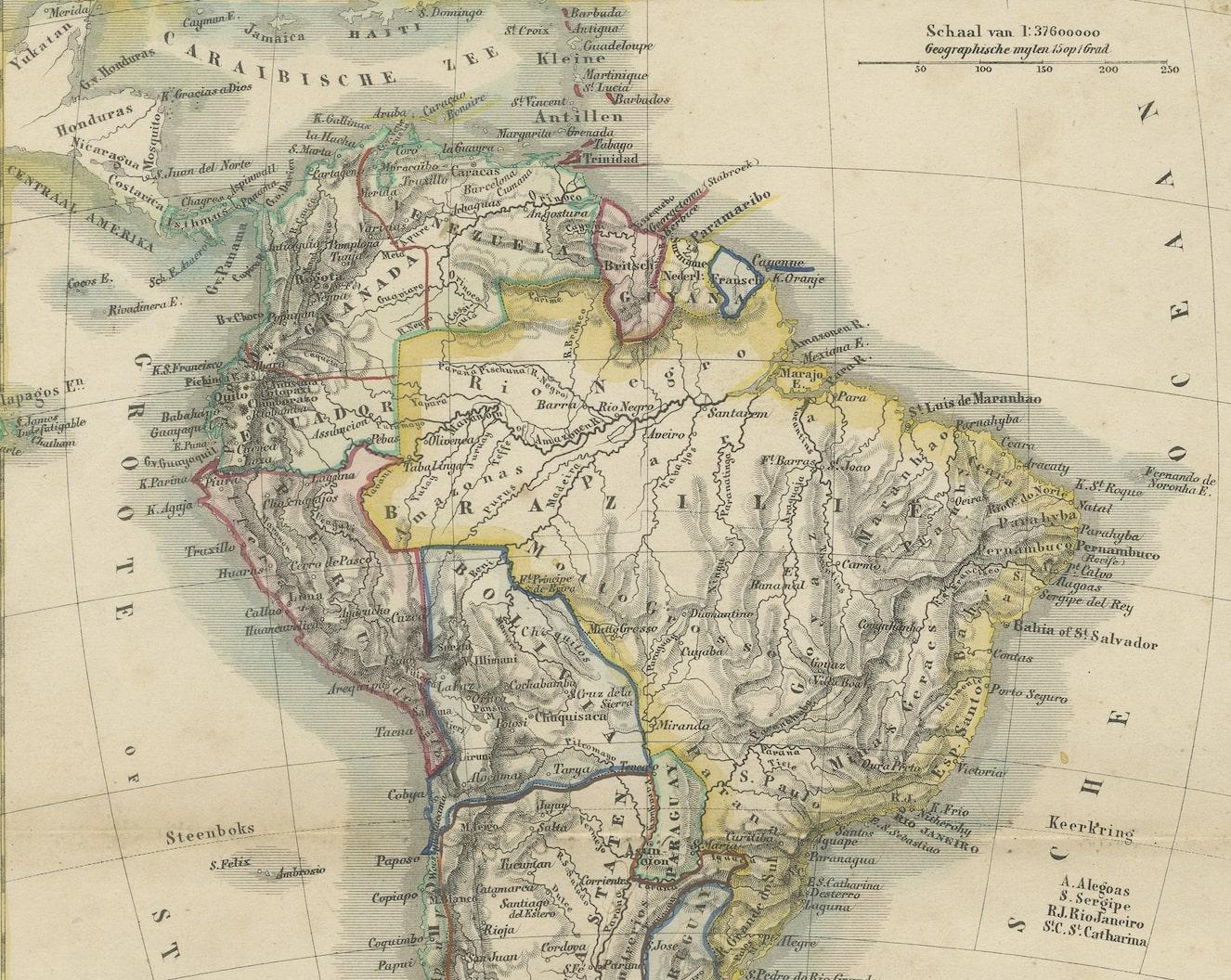Antike Karte Südamerikas mit Intarsien aus den Quito-Hochlanden, handkoloriert (19. Jahrhundert) im Angebot