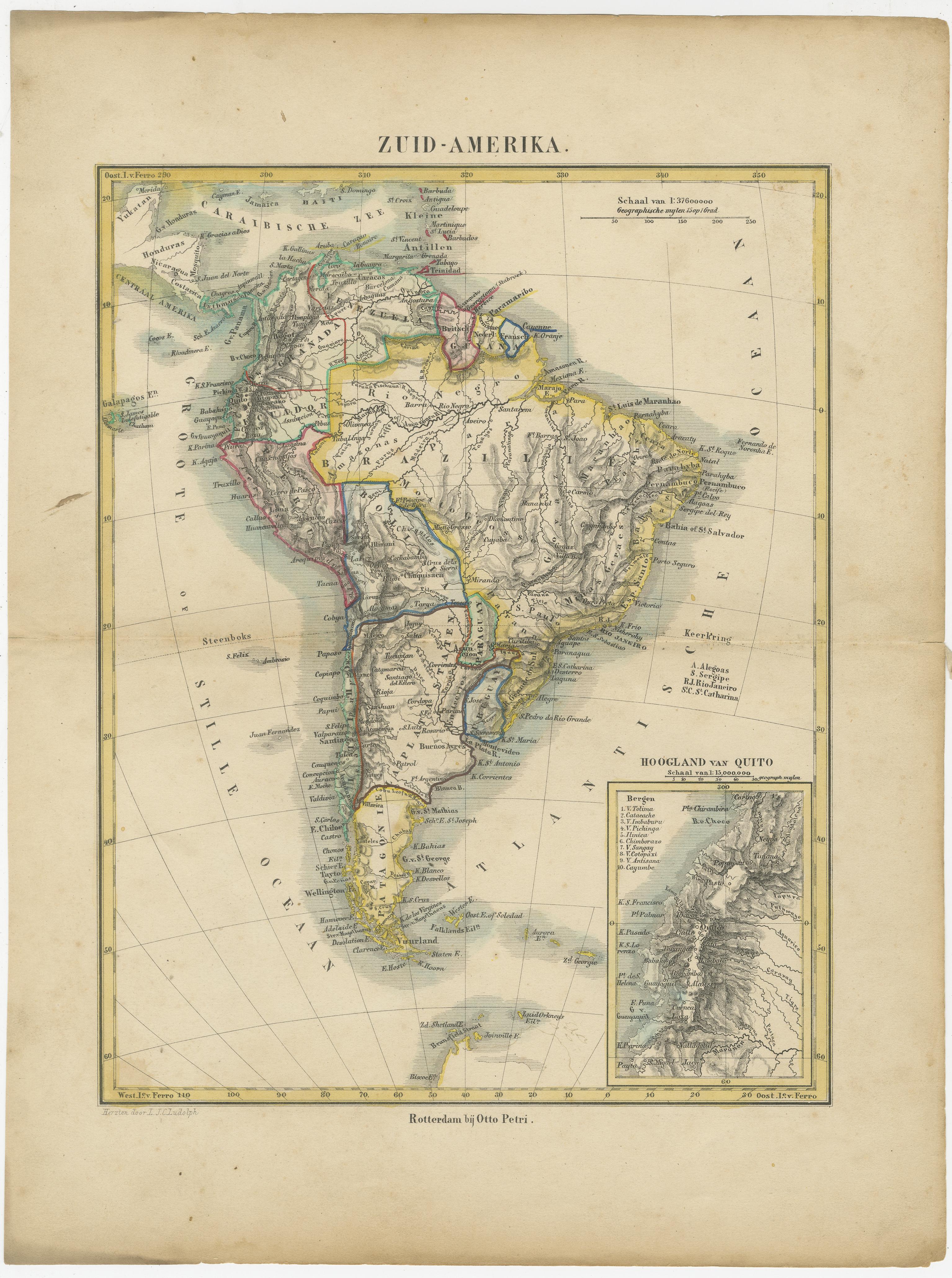 Antique Map of South America with inset of the Quito Highlands, Hand-Colored In Fair Condition For Sale In Langweer, NL