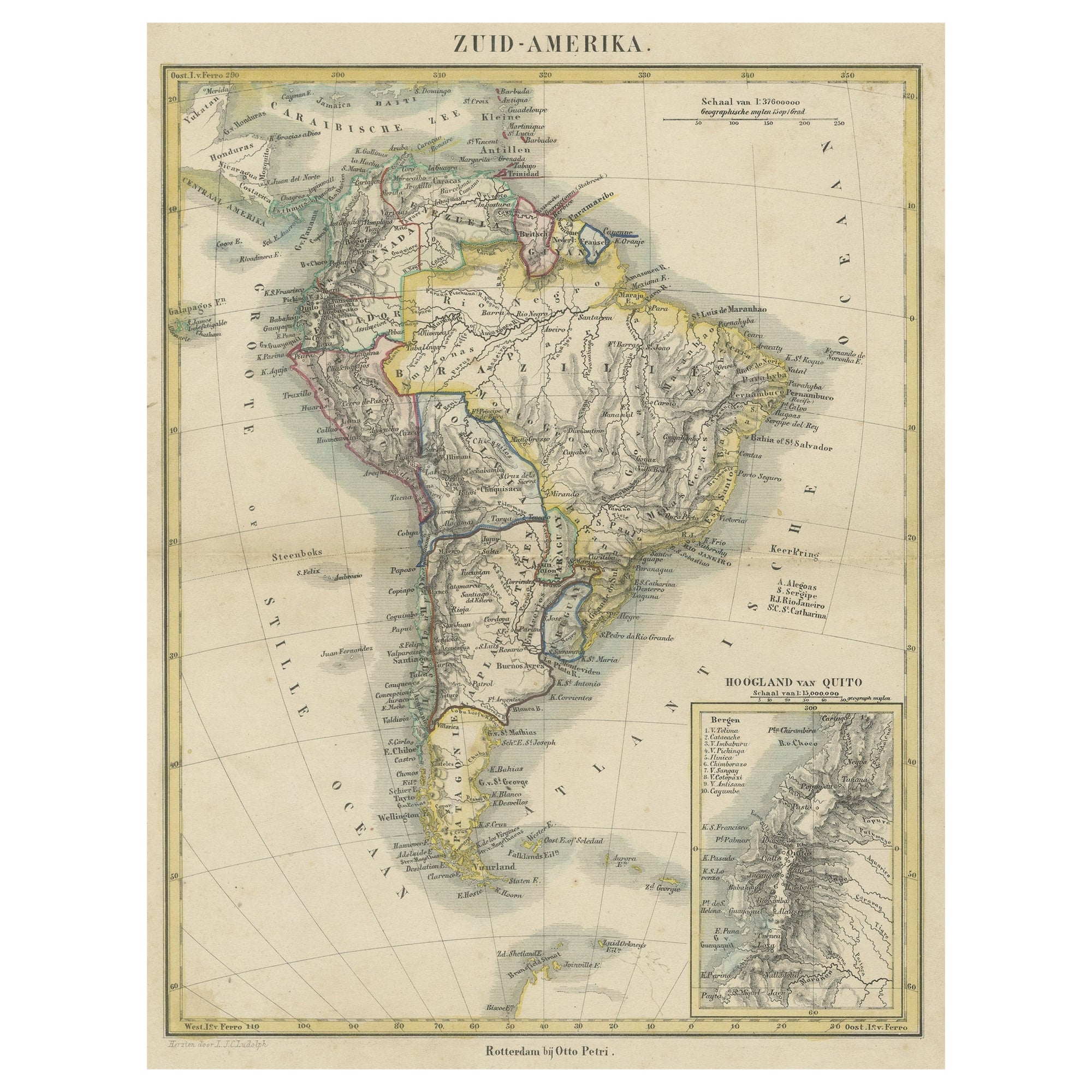 Mapa antiguo de América del Sur con inserción de la Sierra de Quito, coloreado a mano en venta