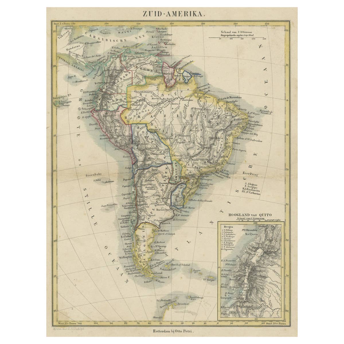 Antique Map of South America, inset of the Quito Highlands, Hand-Colored - 1870