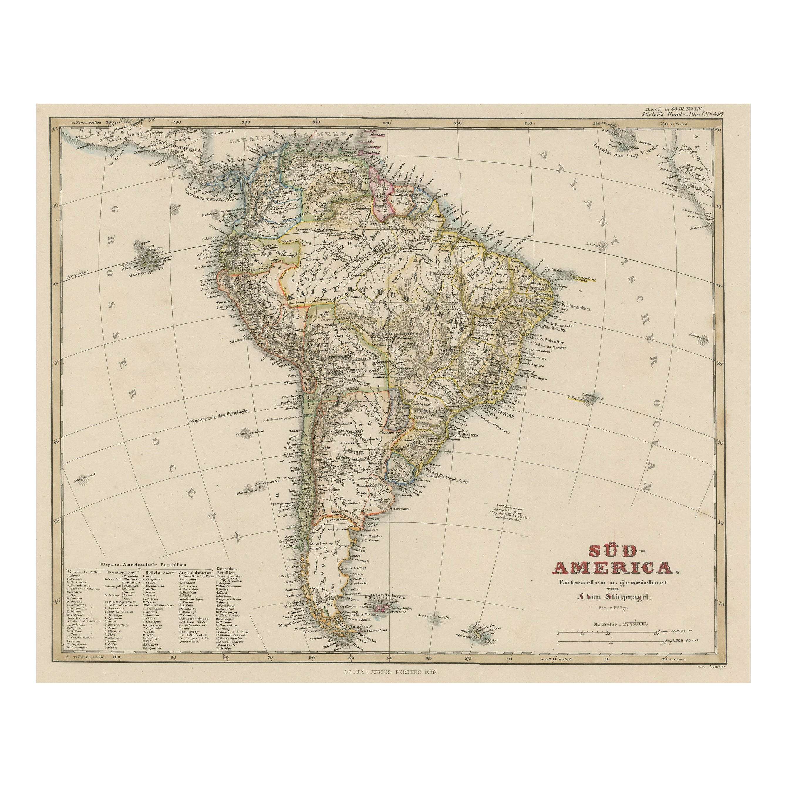 Mappa antica del Sud America con molti dettagli, 1859 ca.