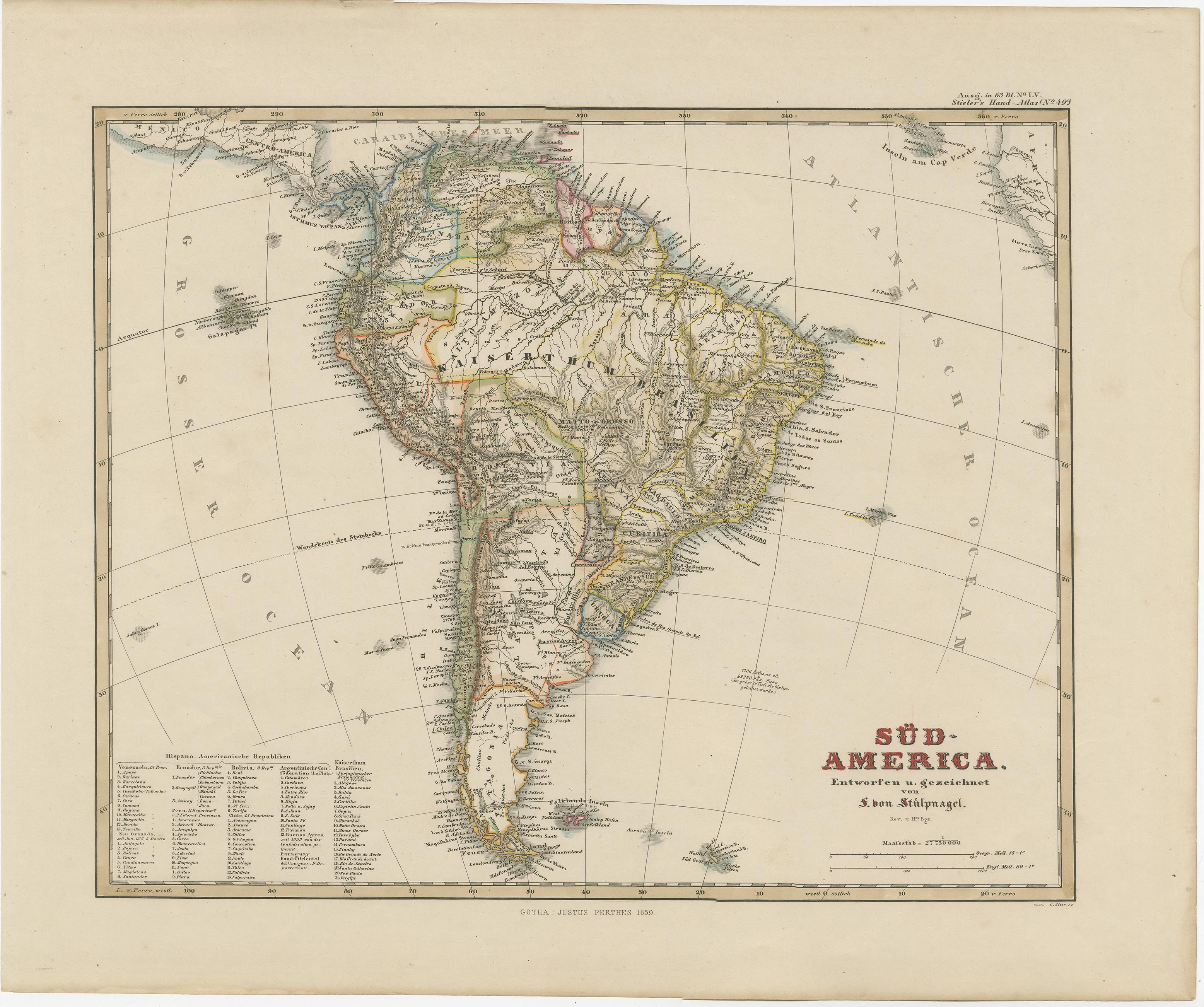Original antique map titled 'Süd-America'. Beautiful old map of South America, with many details and legend. 

This map originates from Stielers Handatlas, published circa 1859. Stielers Handatlas (after Adolf Stieler, 1775–1836), formally titled