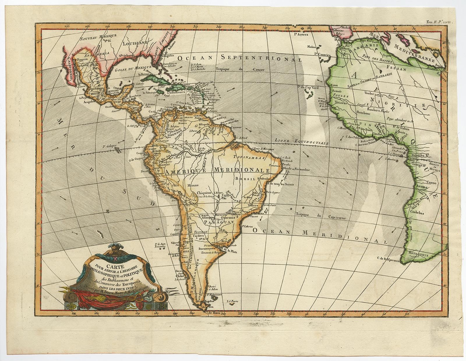 Antique map titled 'Carte pour Servir a l' Histoire Philosophique et Politique des Etablissemens et du Commerce des Europeens dans les deux Indes'. 

This map is roughly centered on South America, but includes most of Africa, the southern part of