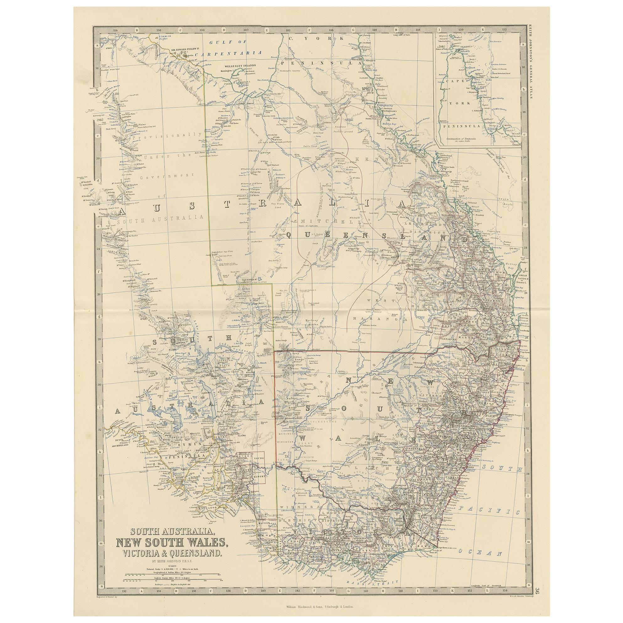 Carte ancienne de l'Australie du Sud par A.K. Johnston, 1865 en vente