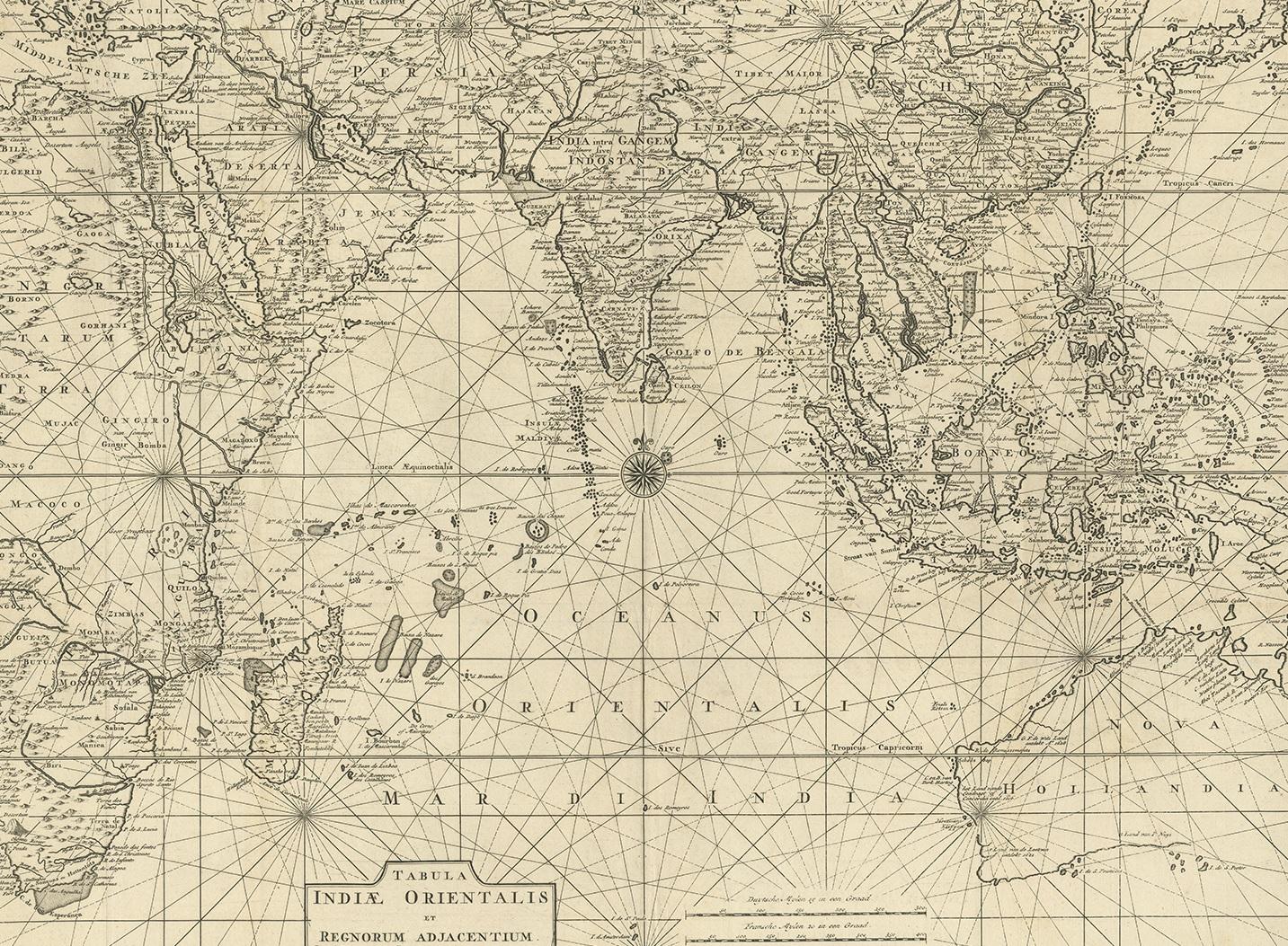 Antique map titled 'Tabula Indiae Orientalis'. 

Beautiful detailed map of Australia, Southeast Asia and the Indian Ocean. The map features a fine depiction of the outlines of the western two-thirds of Australia, based on the discoveries of