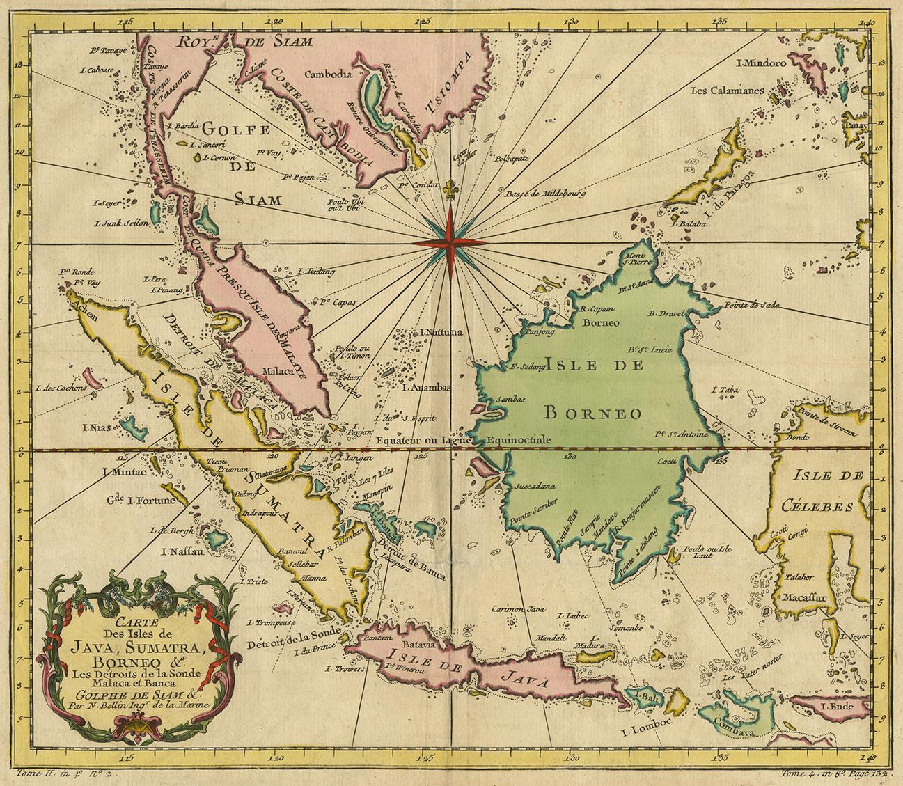 This is an attractive circa 1757 map of the East Indies by Bellin. The map covers from Siam or modern day Vietnam south to include the western portion of the Lesser Sunda Islands. Depicts the islands of Malay (Malacca), Singapore, Borneo, Sumatra,