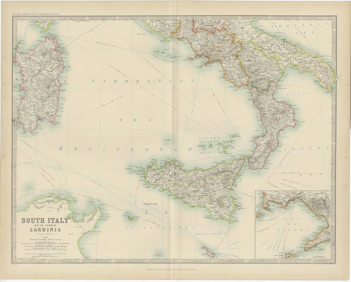 Antique Map of South Italy and the Island of Sardinia by Johnston (1909)