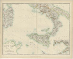 Antique Map of South Italy and the Island of Sardinia by Johnston (1909)