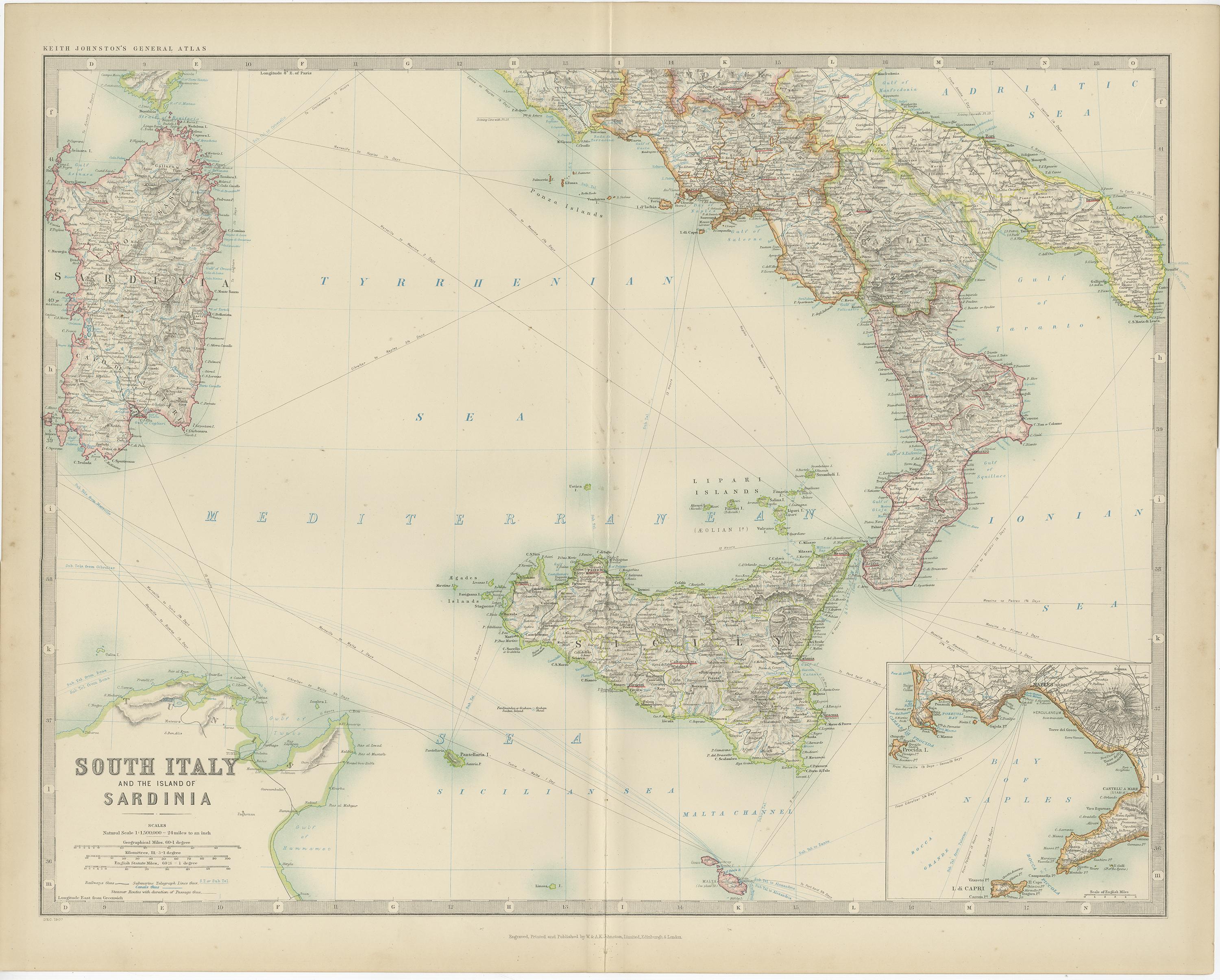 Carta geografica antica dell'Italia meridionale e dell'isola di Sardegna di Johnston (1909) In condizioni buone in vendita a Langweer, NL