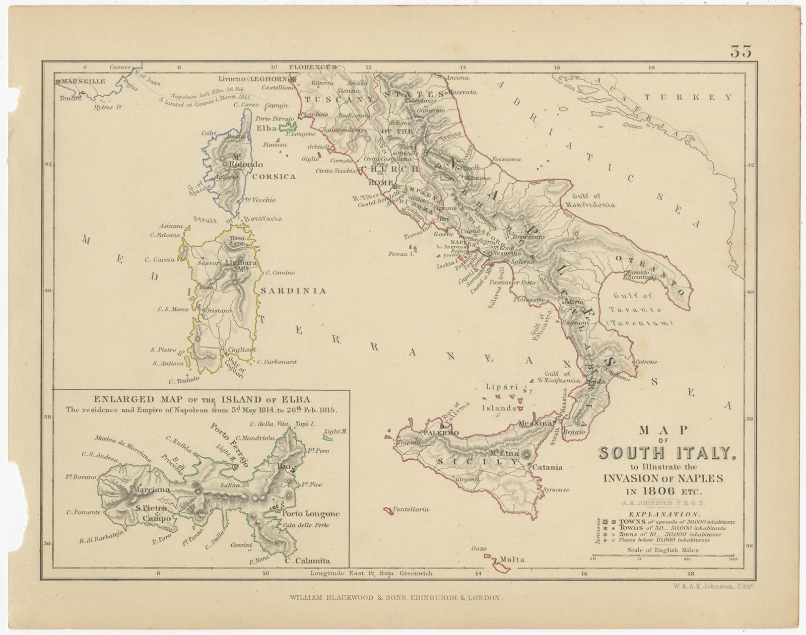 Antique battle map titled 'Map of South Italy, to illustrate the invasion of Naples in 1806 etc'. Map of South Italy illustrating the invasion of Naples. With inset map of the island of Elba. This print originates from 'Atlas to Alison's history of