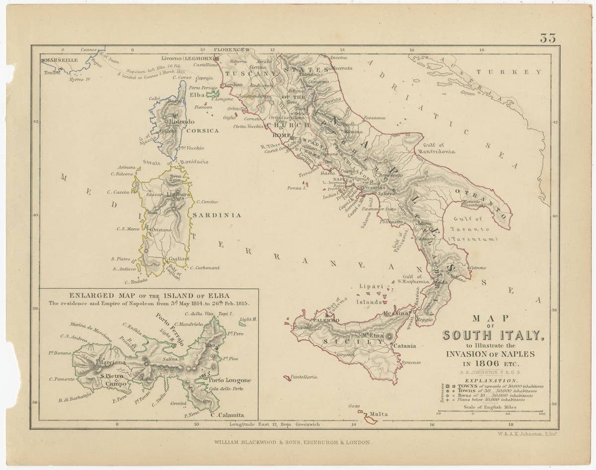 Antique Map of South Italy, illustrating the Invasion of Naples in, 1806