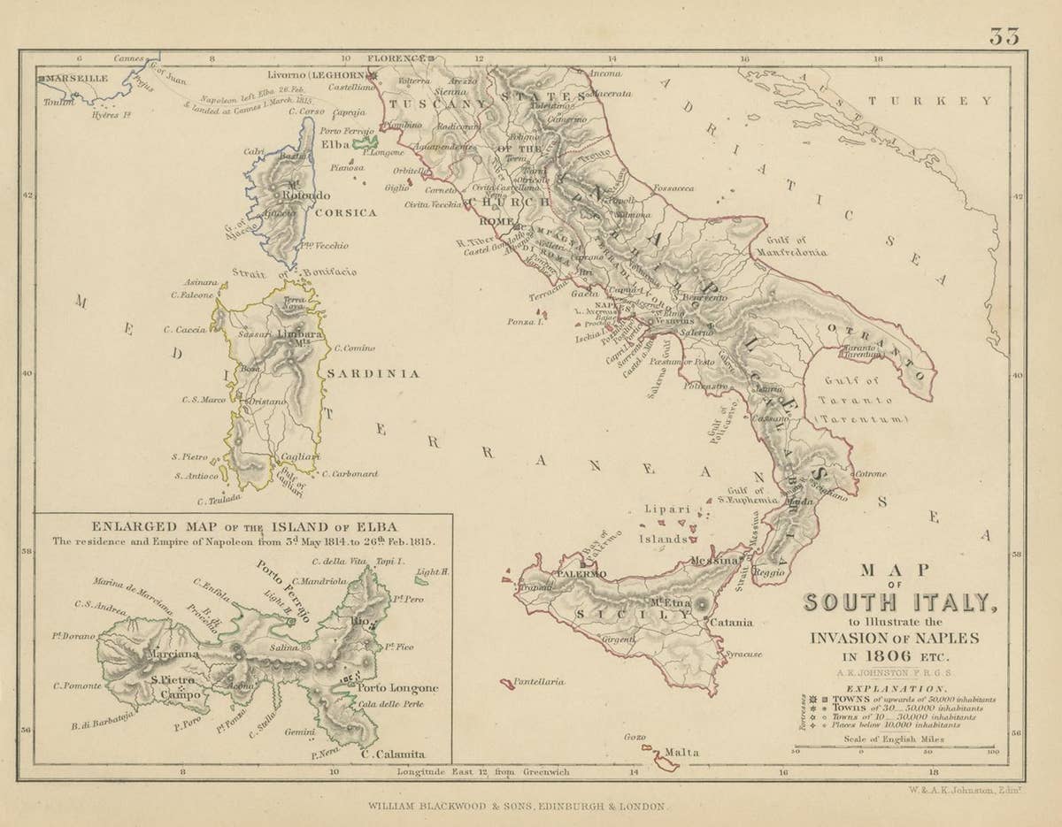 Antique Map of South Italy, illustrating the Invasion of Naples in, 1806