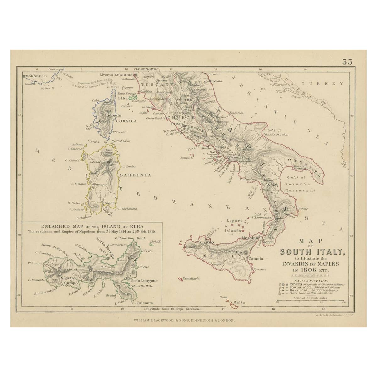Antique Map of South Italy, illustrating the Invasion of Naples in, 1806