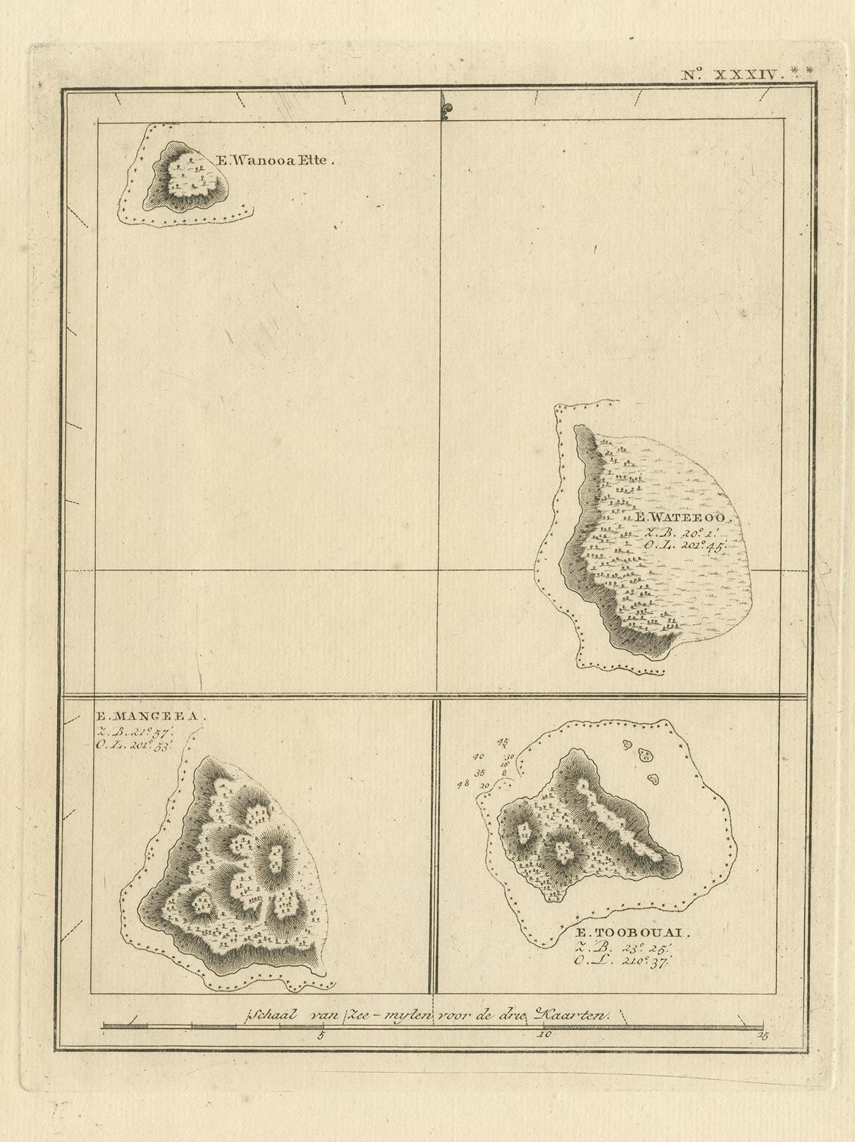 Antique map South Pacific Islands, Polynesia. Islands titled 'Wanooa, Mangeea, Wateeoo and Toobouai'. Originates from 'Reizen Rondom de Waereld door James Cook (..)'.