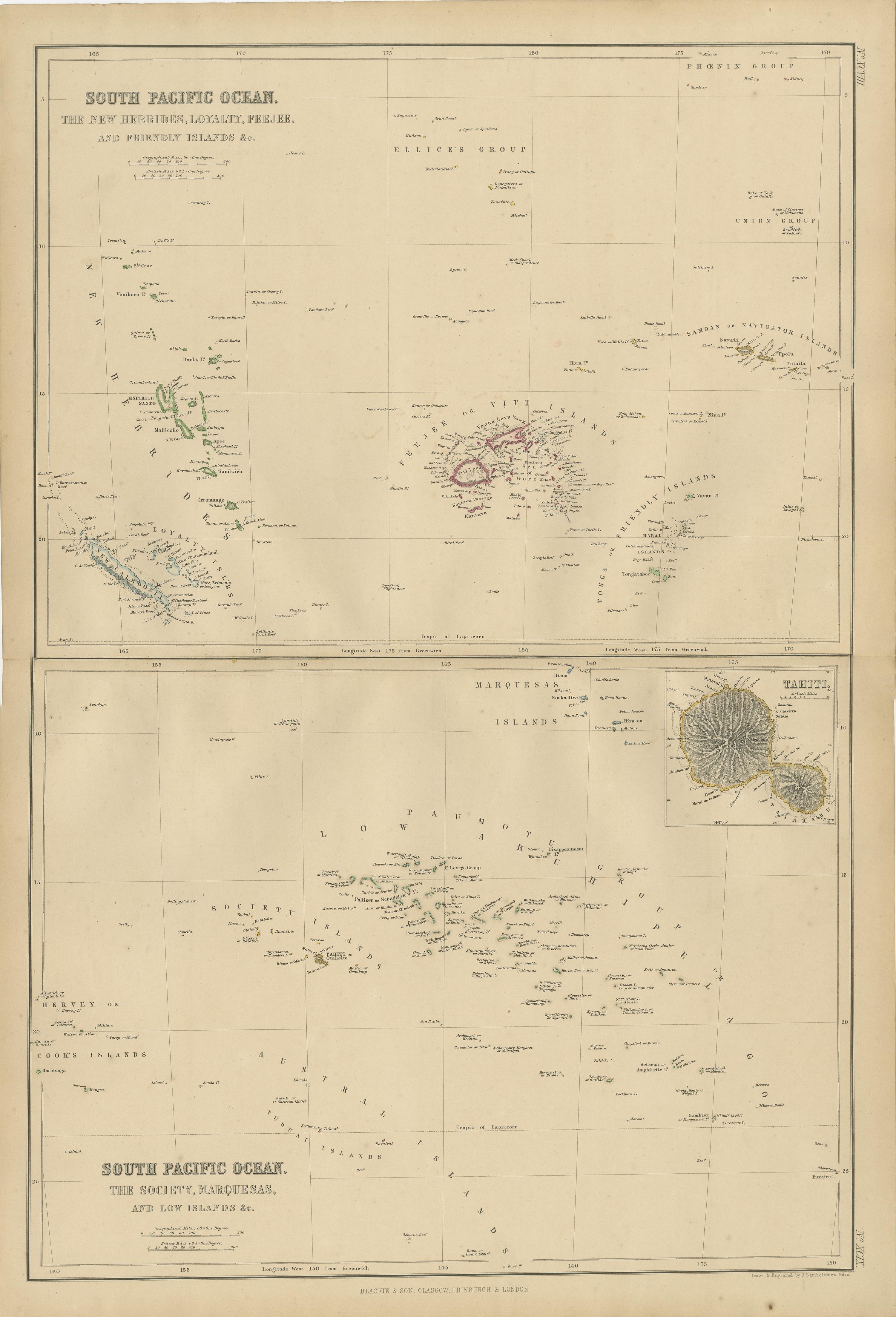 Antique map titled 'South Pacific Ocean'. Original antique map of South Pacific Ocean with inset Map of Tahiti. This map originates from ‘The Imperial Atlas of Modern Geography’. Published by W. G. Blackie, 1859.