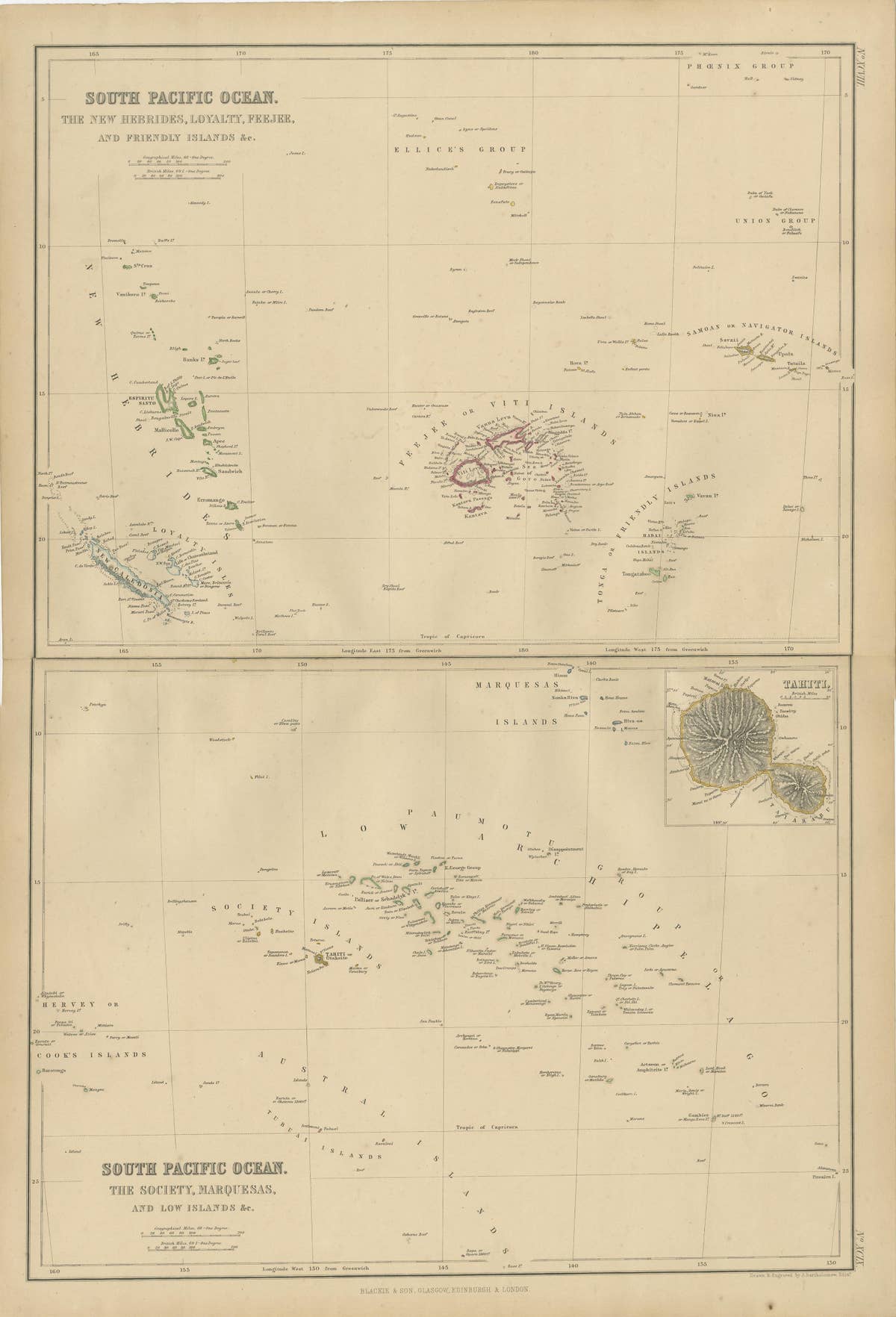 Antique Map of South Pacific Ocean by W. G. Blackie, 1859