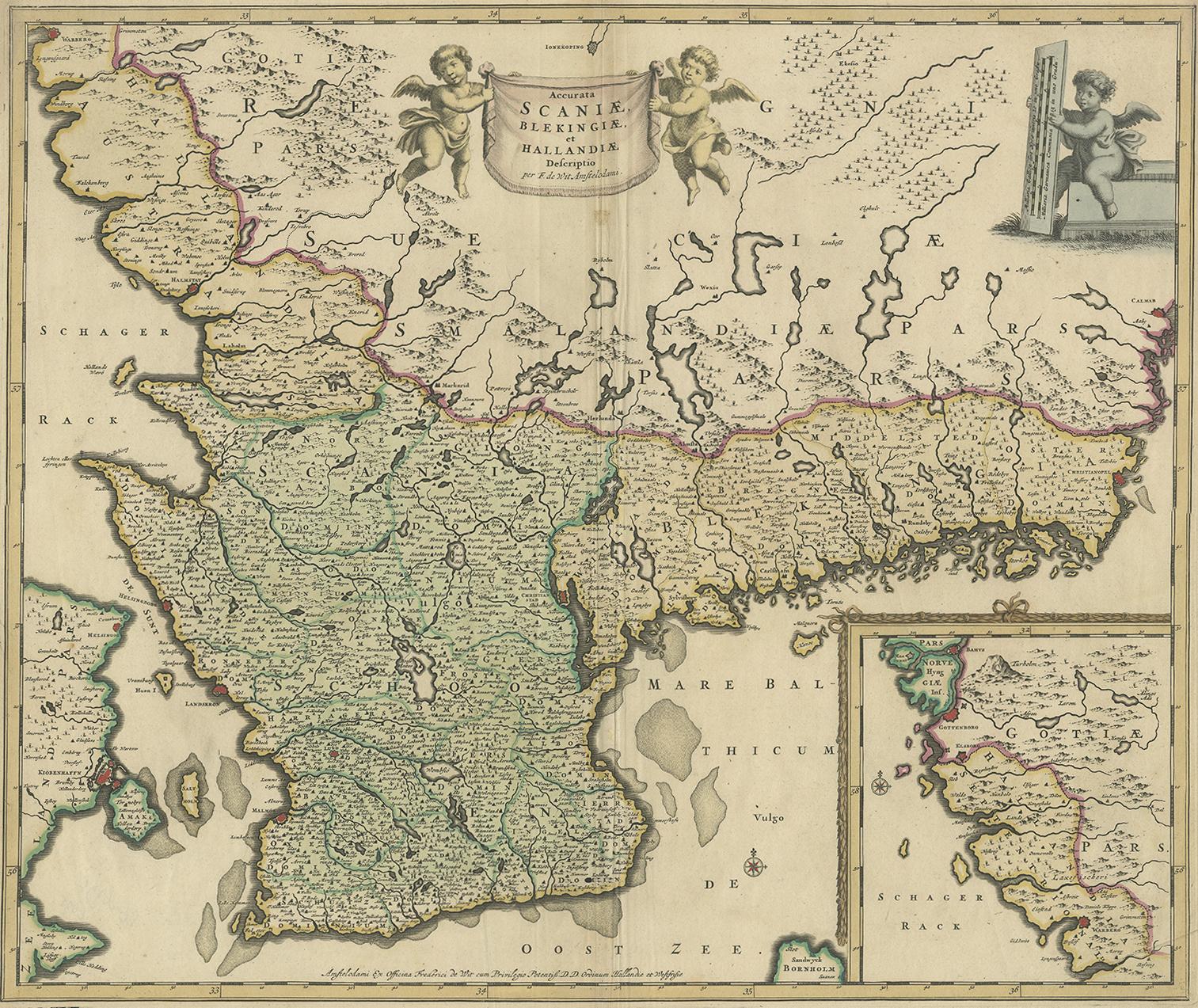 Antique map titled 'Accurata Scaniae, Blekingae et Hallandiae Descriptio per F. de Wit Amstelodami'. This map shows South Sweden with an inset of Halmstad and vicinity. Contemporary coloring.