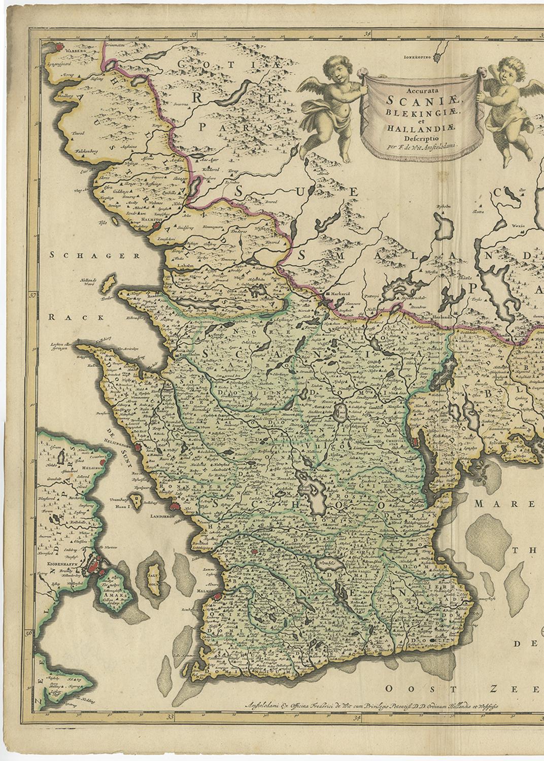 Paper Antique Map of South Sweden 'Scandinavia' by F. de Wit, 1680 For Sale