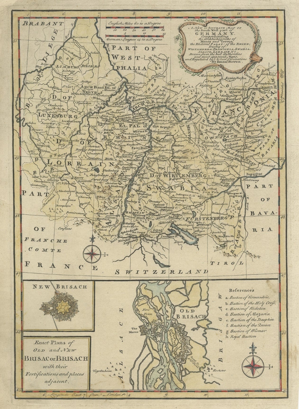 Mapa antiguo del suroeste de Alemania con un recuadro de Brisac o Brisach, Francia en venta