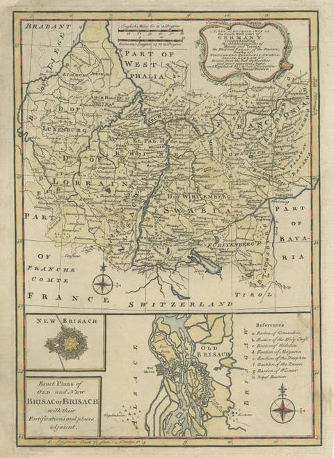Antique Map of South West Germany with an Inset of Brisac or Brisach, France