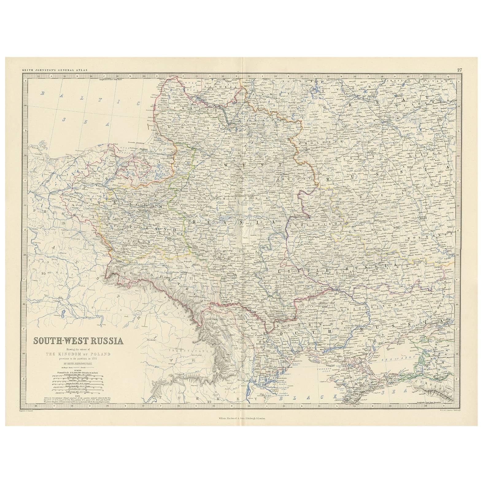 Carte ancienne de la Russie du Sud-Ouest par A.K. Johnston, 1865