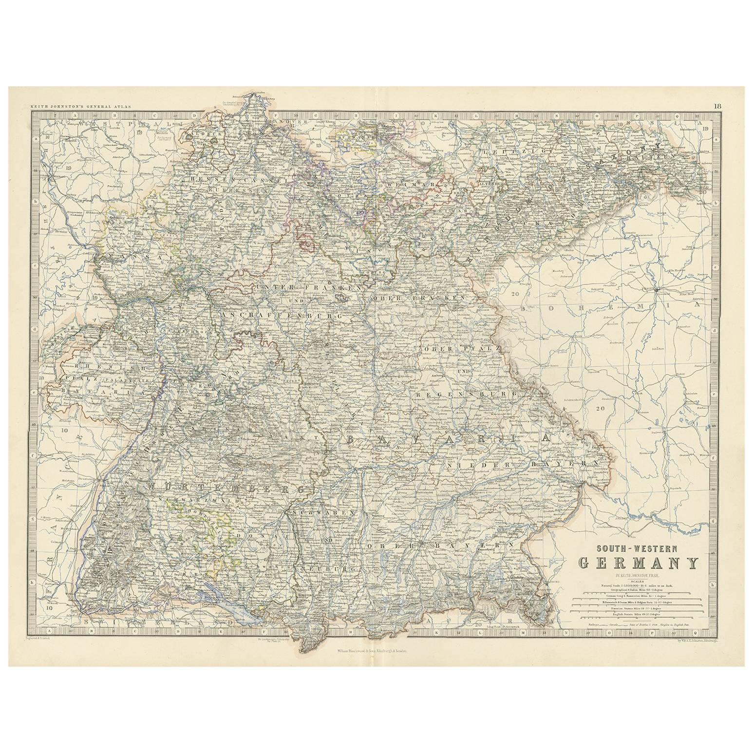 Antique Map of South-Western Germany by A.K. Johnston, 1865 For Sale