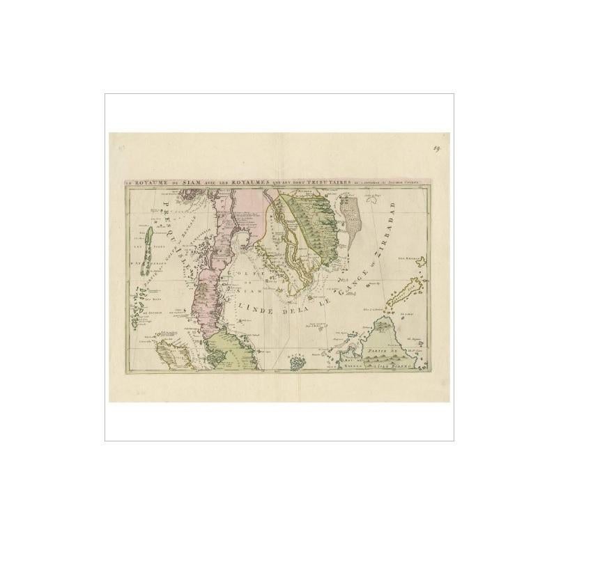 Antique map titled 'Le Royaume de Siam avec Les Royaumes Qui Luy sont Tributaries'. Influential map of Southeast Asia. Ottens incorporated information provided by the French Jesuits and charts the route of the French Embassy to and from Siam in