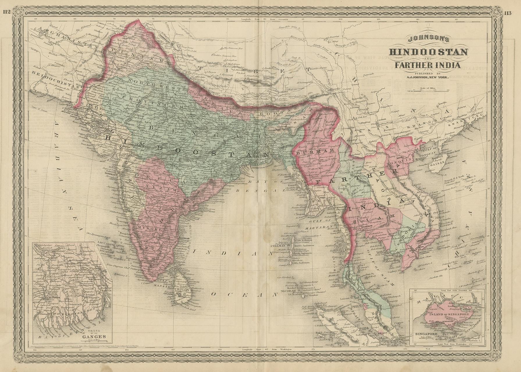 Antique map titled 'Johnson's Hindoostan and Farther India (..)'. Map of Southeast Asia with inset maps of the Delta of the Ganges and Singapore. This map originates from 'Johnson's New Illustrated Family Atlas of the World' by A.J. Johnson.
