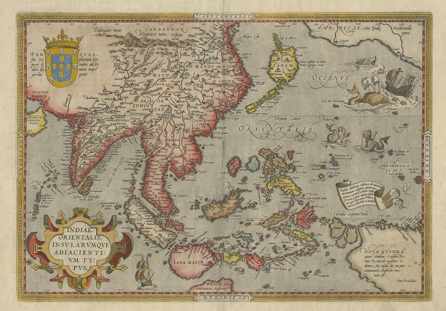 Antique map titled 'Indiae Orientalis Insularumque Adiacientium Typus'. Ortelius includes early European depictions of both Japan and China and is the first to name Formosa (Taiwan). The Philippines and East Indies or Spice Islands are shown based