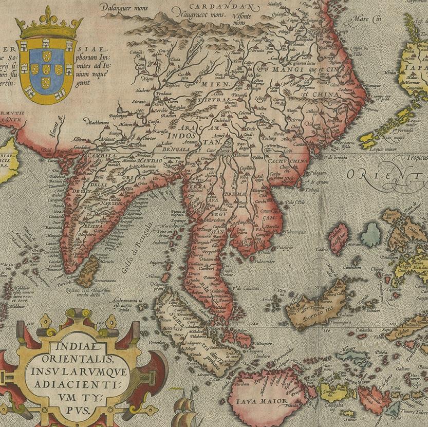 Carta geografica antica del Southeast Asia di Ortelius del 1587 In condizioni buone in vendita a Langweer, NL