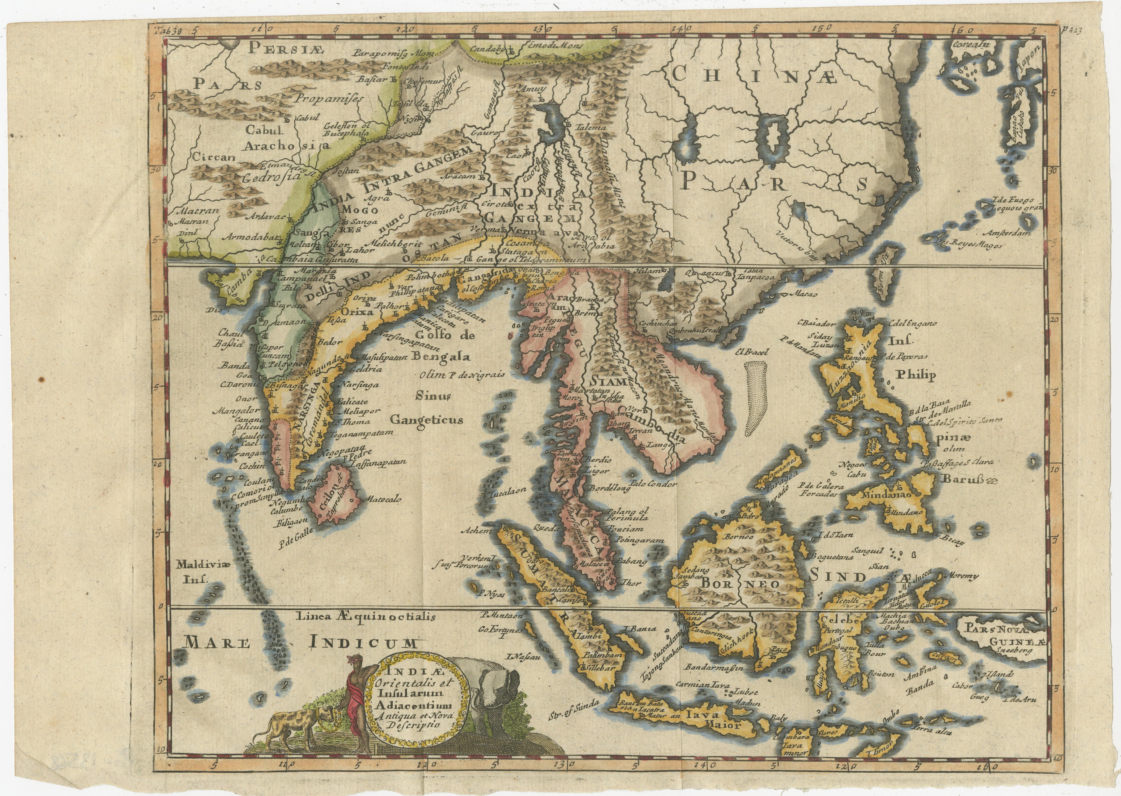 Antique map titled 'Indiae Orientalis et Insularum Adiacentium'. Decorative map of Southeast Asia, China, Philippines, and India. A native holds a wild dog or hyena on a chain, while an elephant glares immediately adjacent. The map was published in