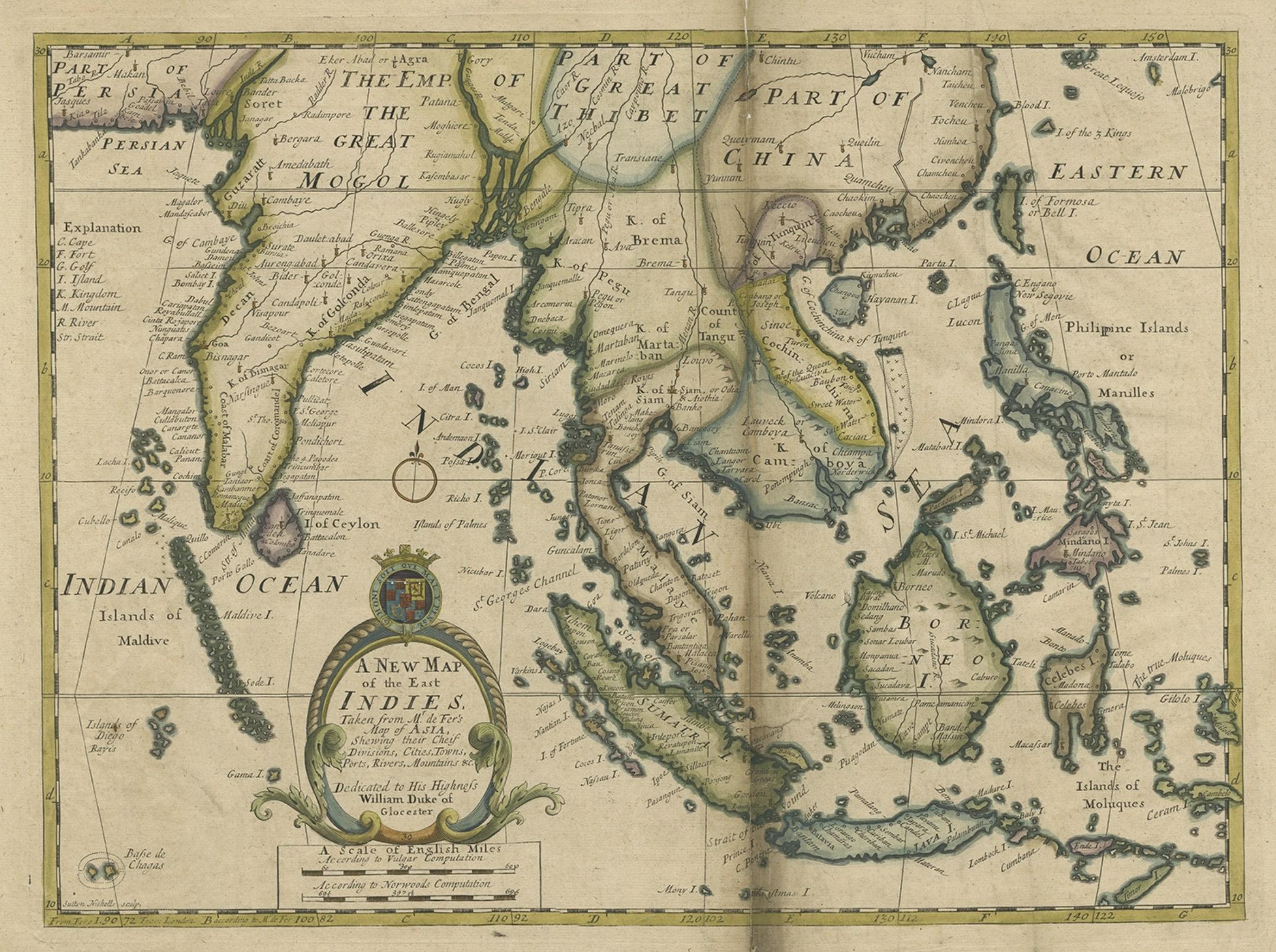 Antique map titled 'A New Map of the East Indies'. 

Old map covering all of Southeast Asia from Persia to the Timor Island, inclusive of the modern day nations of India, Ceylon, Thailand, Burma (Myanmar), Malaysia, Cambodia, Vietnam, Laos,