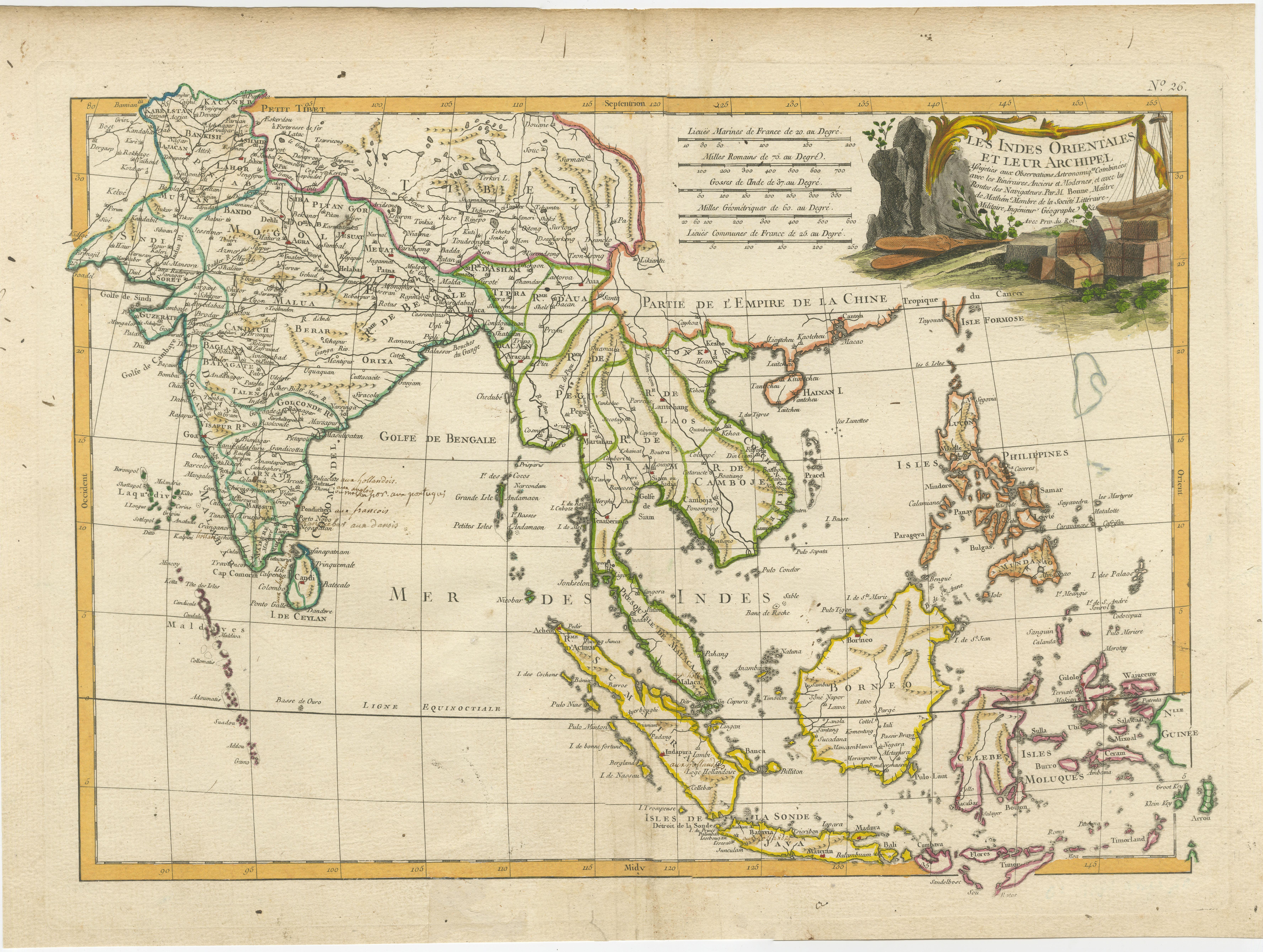 Antique map titled 'Les Indes Orientales et leur Archipel'. Old map of Southeast Asia, the Straits of Malaca, Philippines, Sumatra, Java, India etc., extending north to Canton and Macao. Includes a decorative allegorical cartouche showing the region