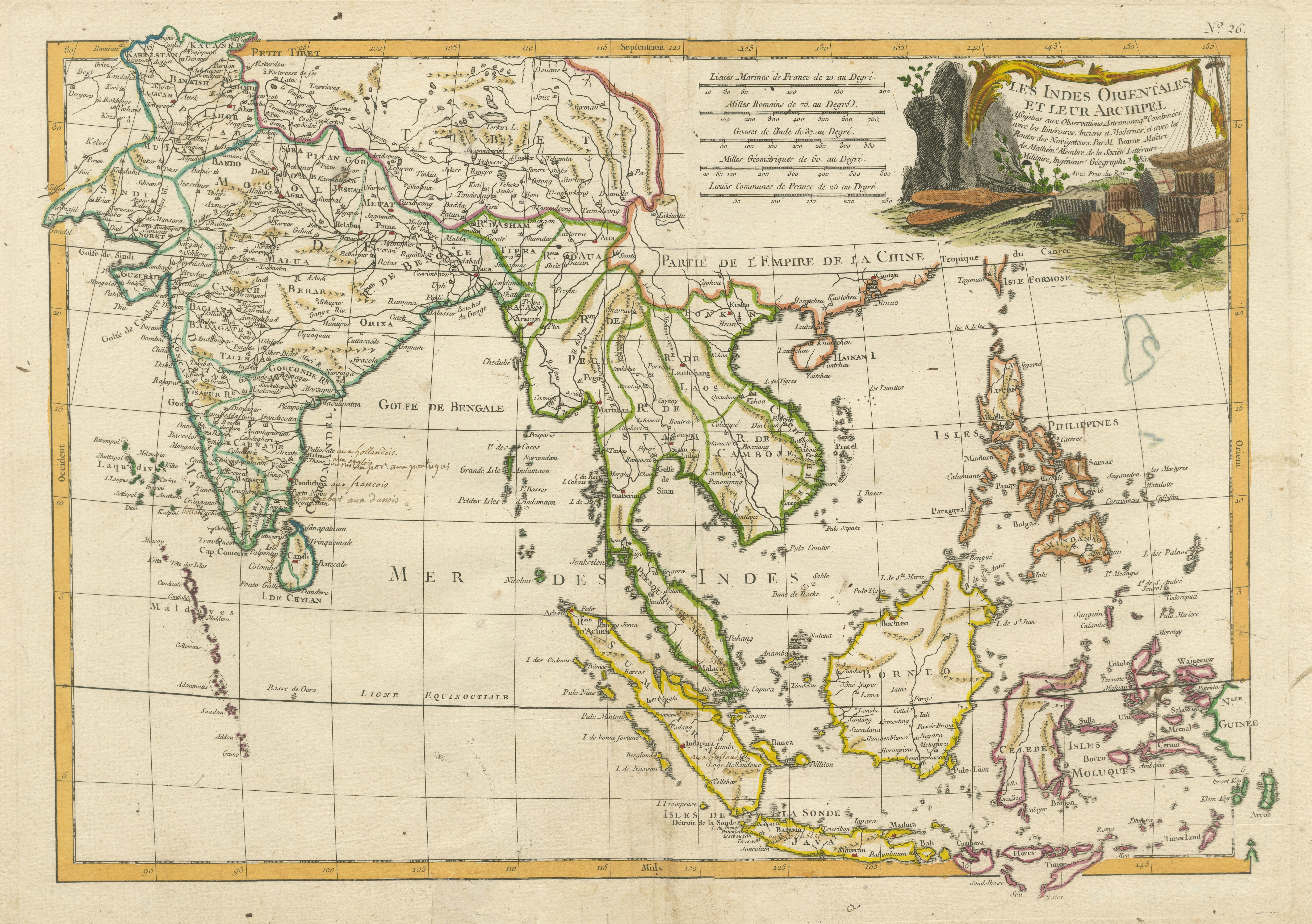 Carte ancienne du Southeast Asia avec cartouche allégorique décoratif Bon état - En vente à Langweer, NL