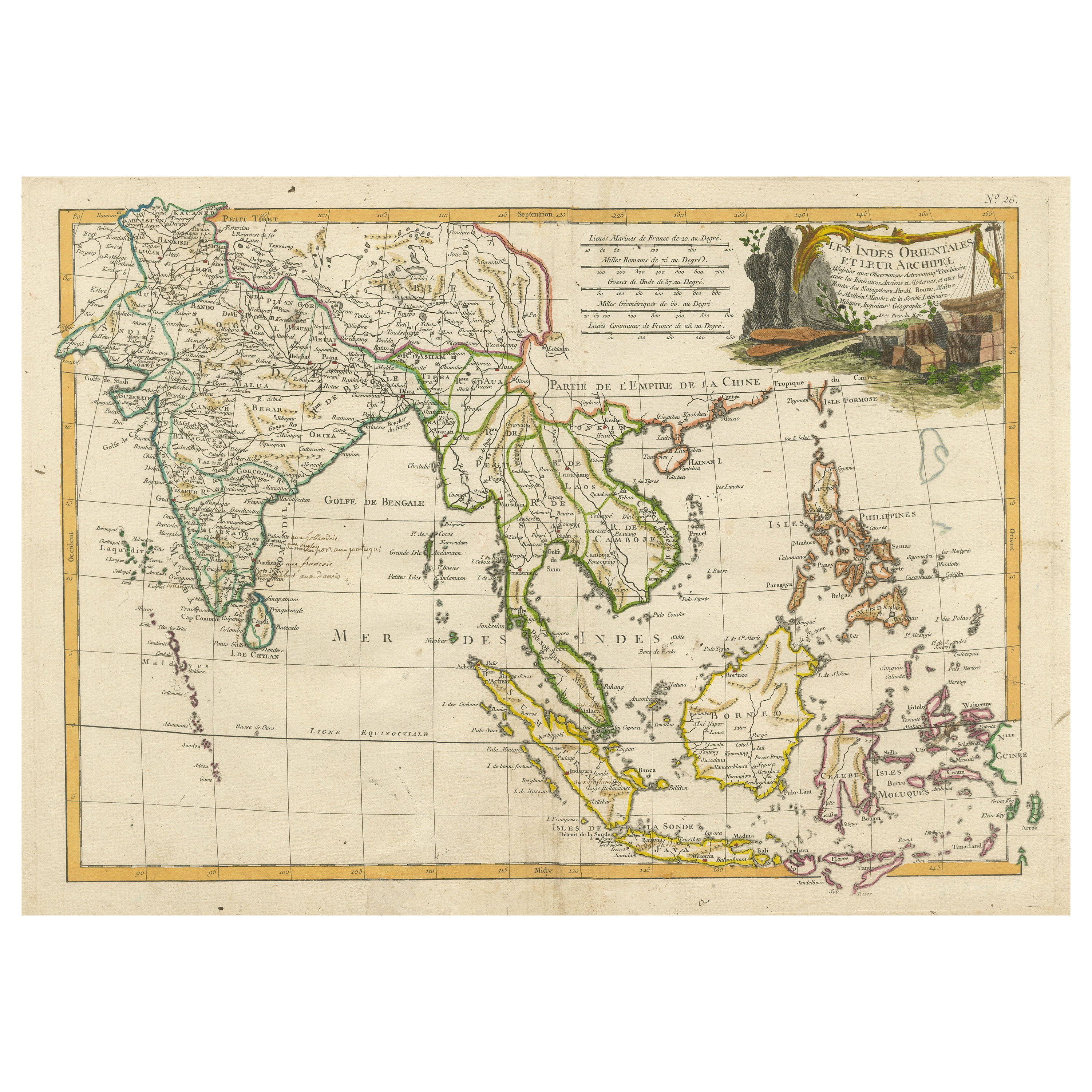 Mappa antica del Southeast Asia con cartiglio allegorico decorativo