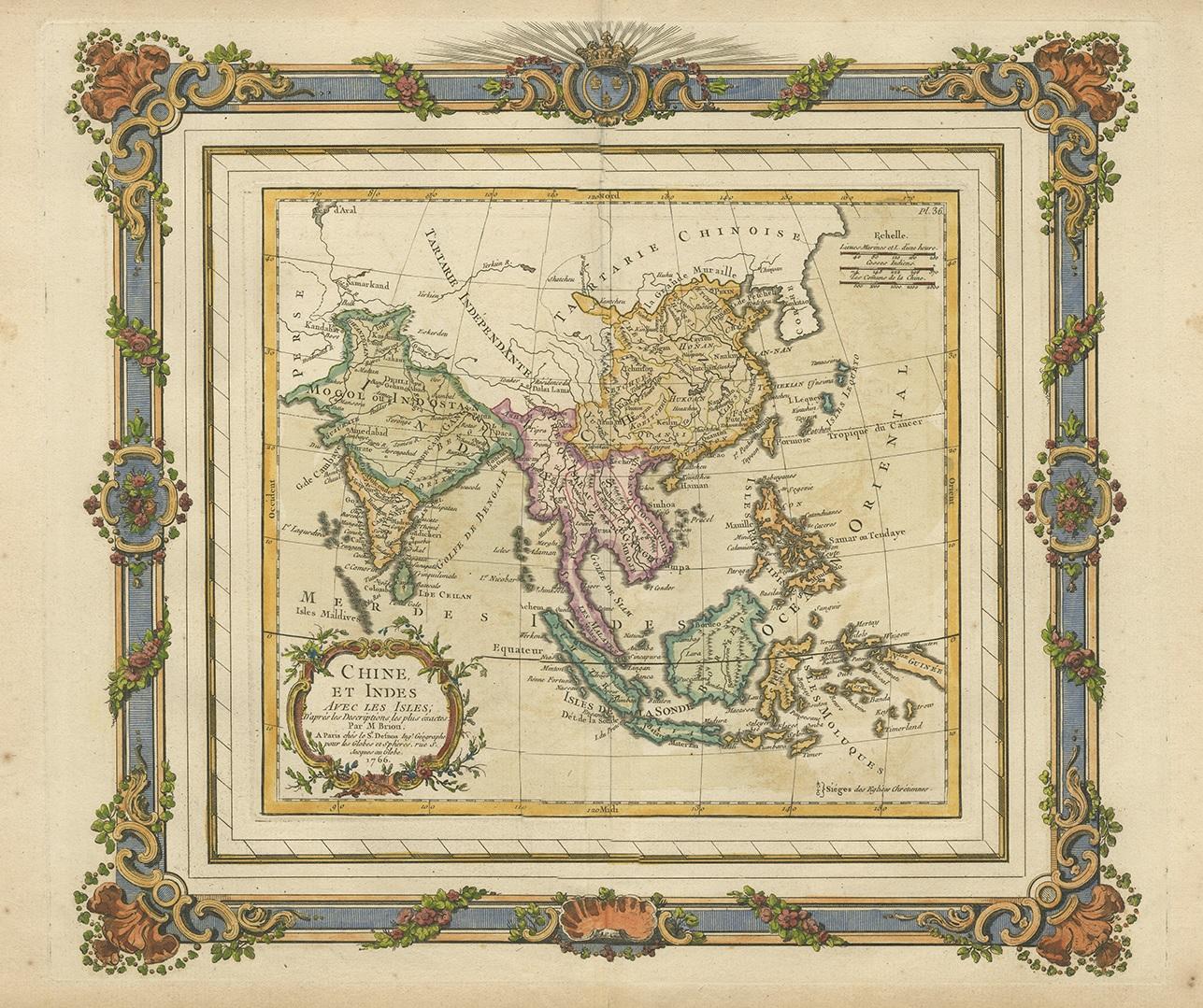 Antique map titled 'Chine, et Indes aves les Isles'. Beautiful antique map of Southeastern Asia, including the region from New Guinea to India and North to include China. With very decorative frame border. This print originates from 'Atlas general