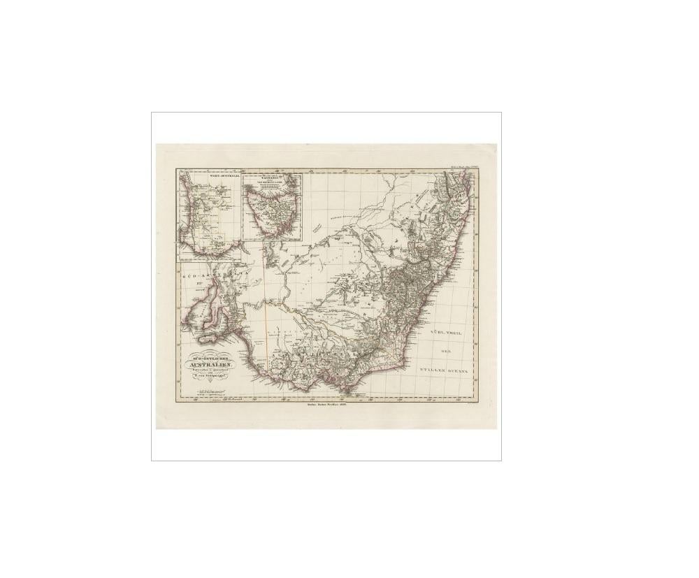 Antique map titled 'Süd-Östlichen Australien'. Map of southeastern Australia with inset maps of southwest Australia and Tasmania compiled by the military cartographer Friedrich von Stulpnagel.