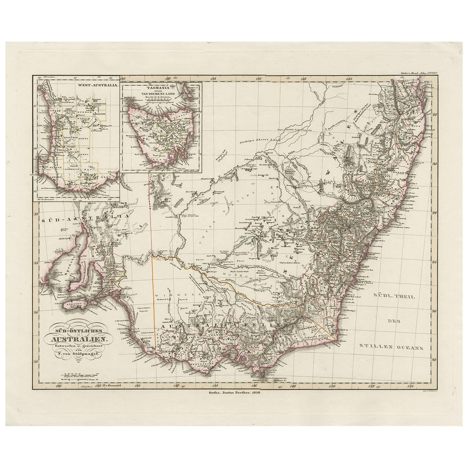 Antike Karte des südöstlichen Australiens von F. von Stülpnagel, 1850