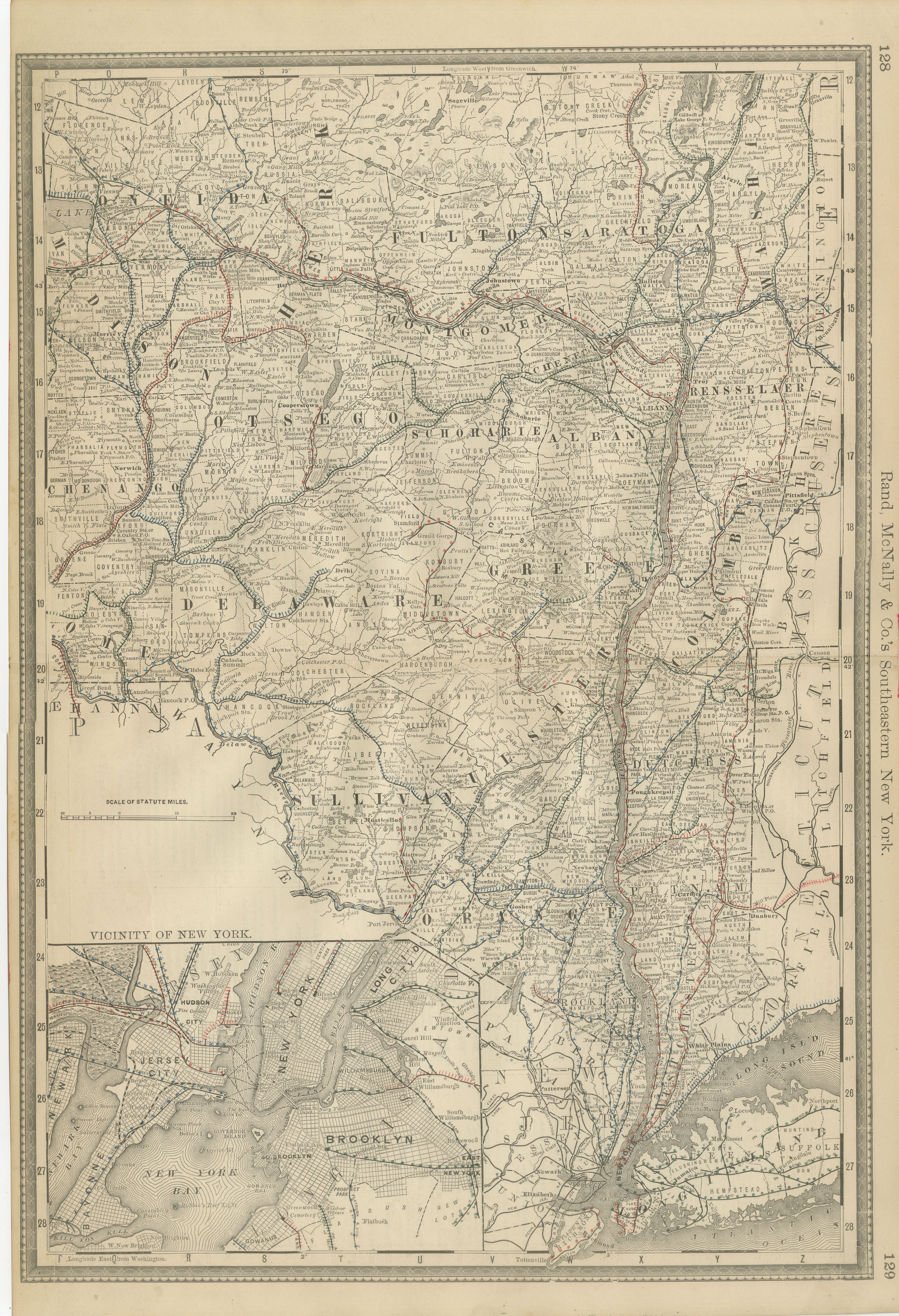 Carta geografica antica del sud-est di New York - Rand McNally, circa 1888