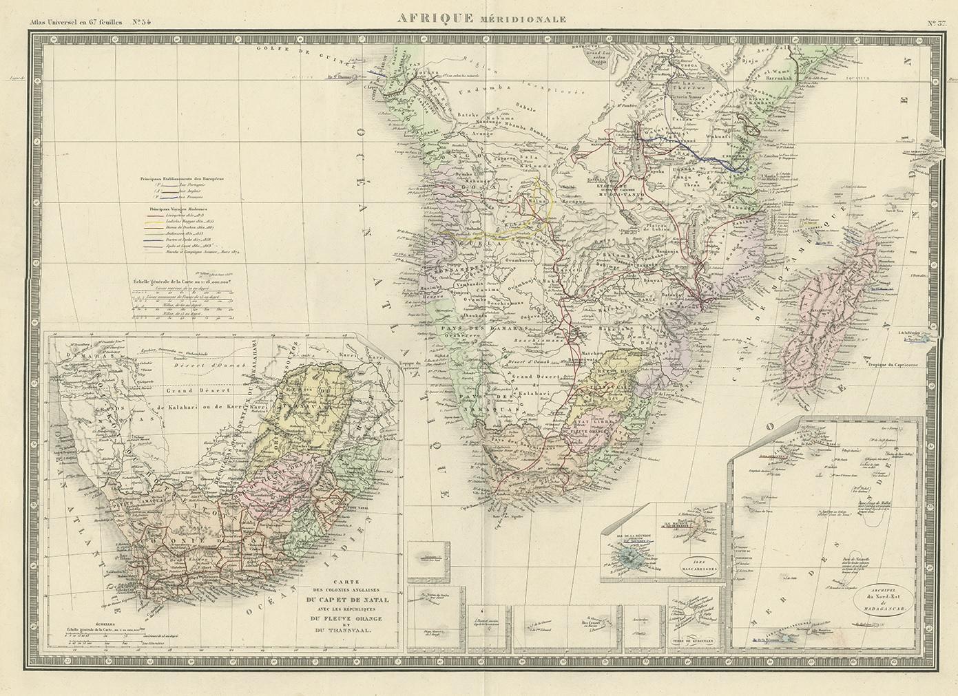 Antique map titled 'Afrique Méridionale'. Large map of Southern Africa. This map originates from 'Atlas de Géographie Moderne Physique et Politique' by A. Levasseur. Published 1875.