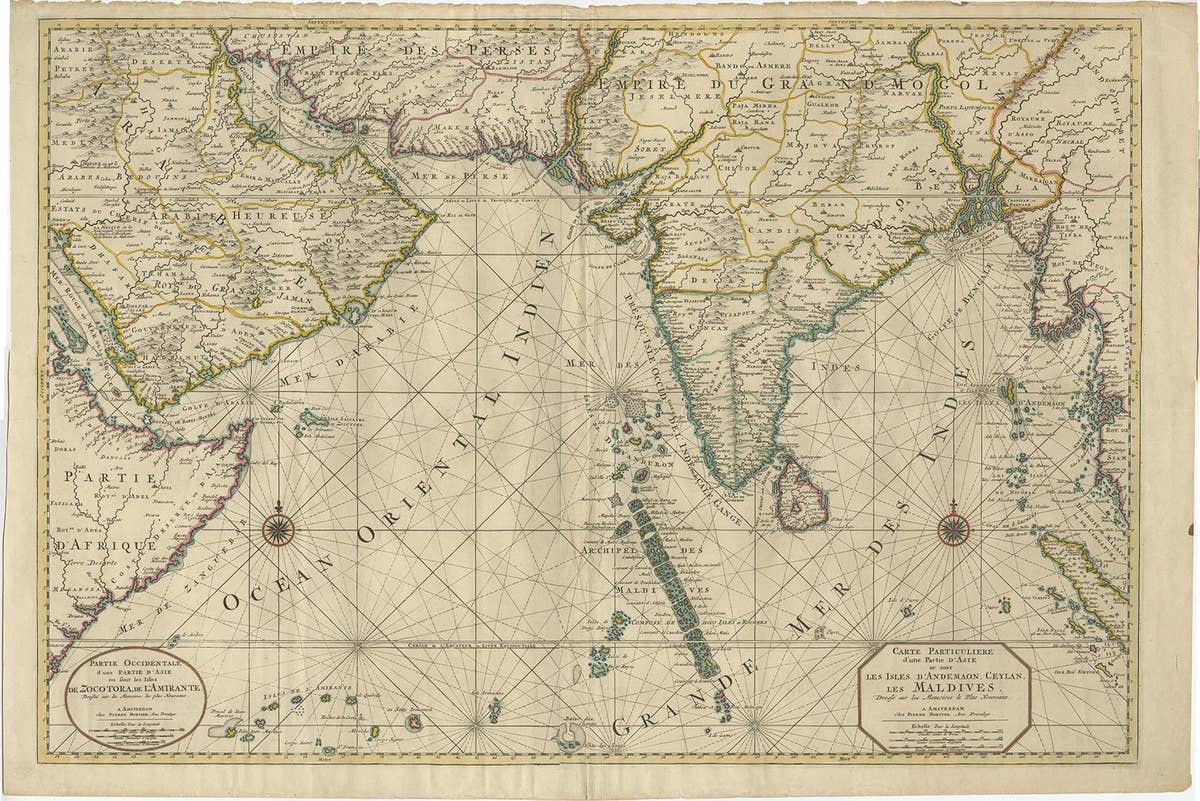 Antique Map of Southern Asia with India, the Maldives, Ceylon and Arabia, c.1700