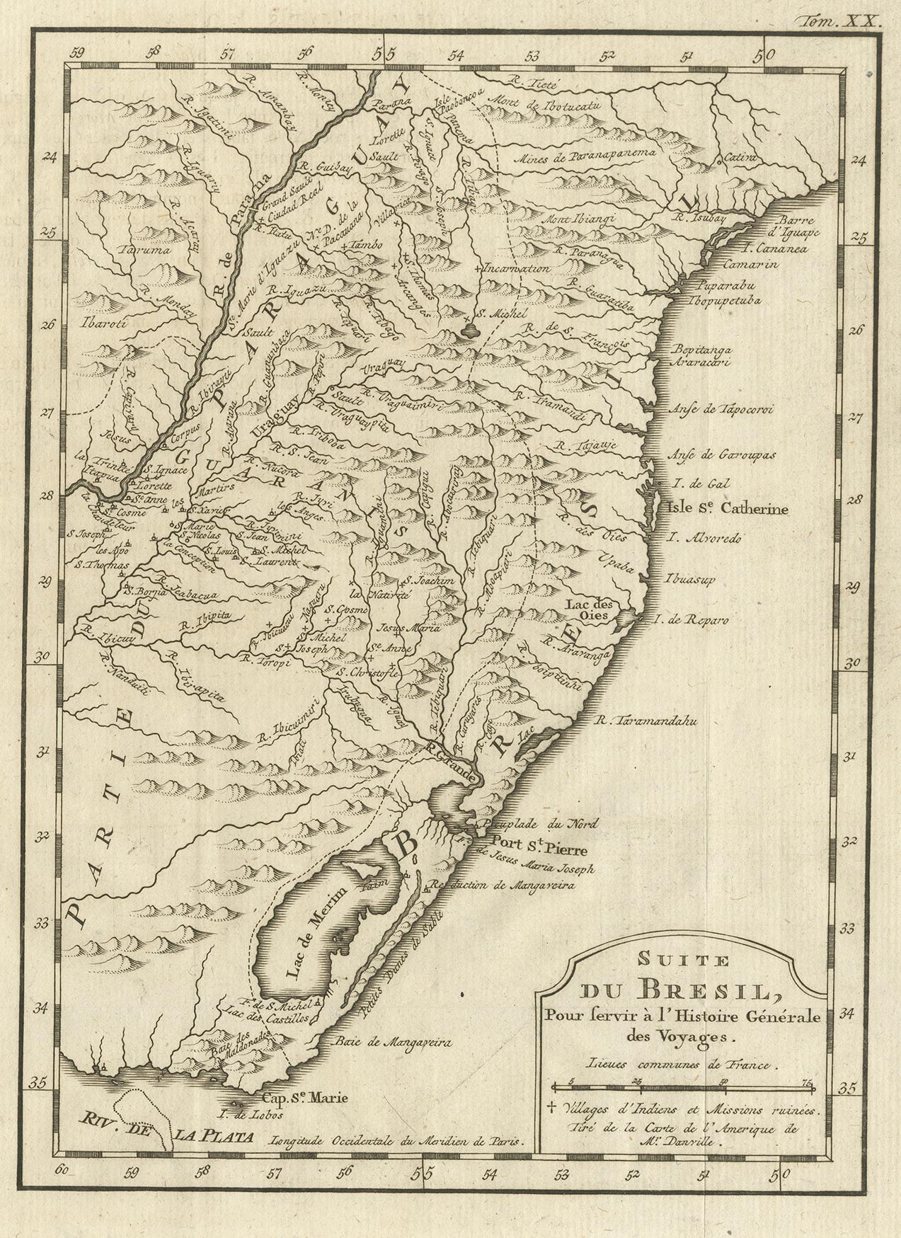 Antique map titled 'Suite de Bresil'. Old map of the coast of southern Brazil, with Lagoa Mirim, and Uruguay (here named as Paraguay). Originates from 'L'Histoire générale des Voyages'.