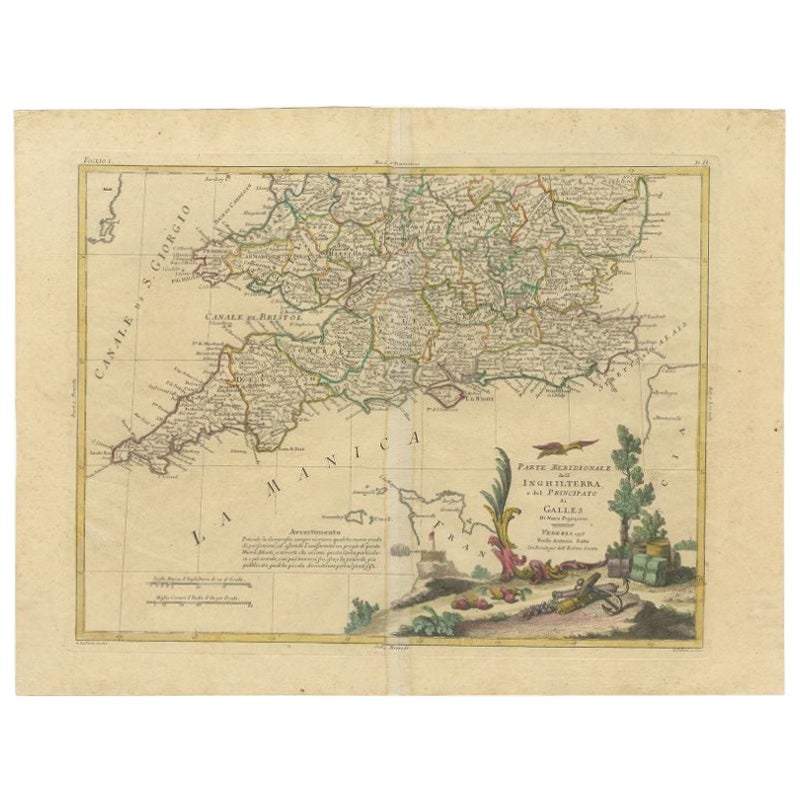 Carte ancienne du sud de l'Angleterre et du Pays de Galles par Zatta, 1784
