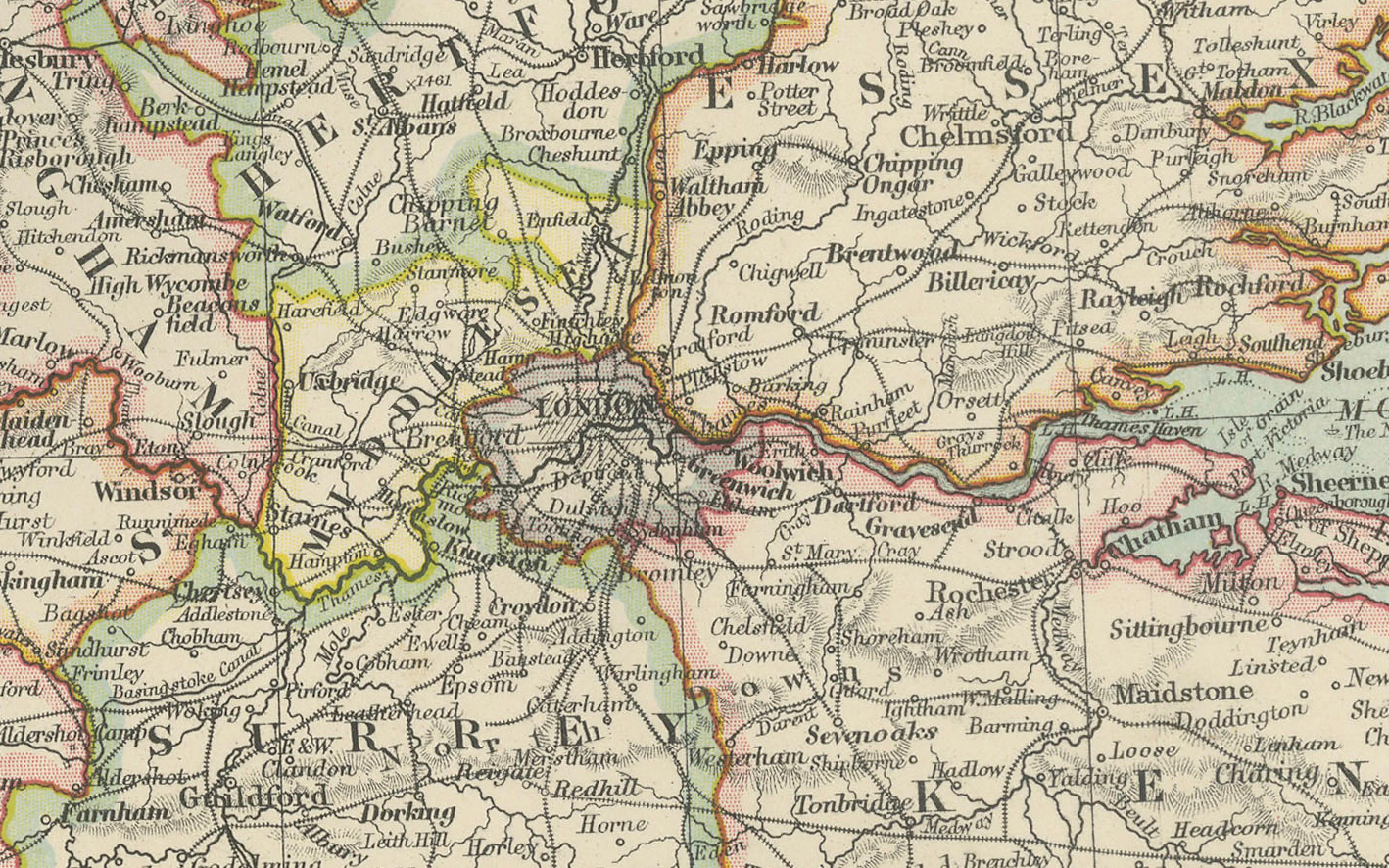 Carta antica dell'Inghilterra meridionale e del Galles, 1903, con dettagli della costa e ferrovie In condizioni buone in vendita a Langweer, NL